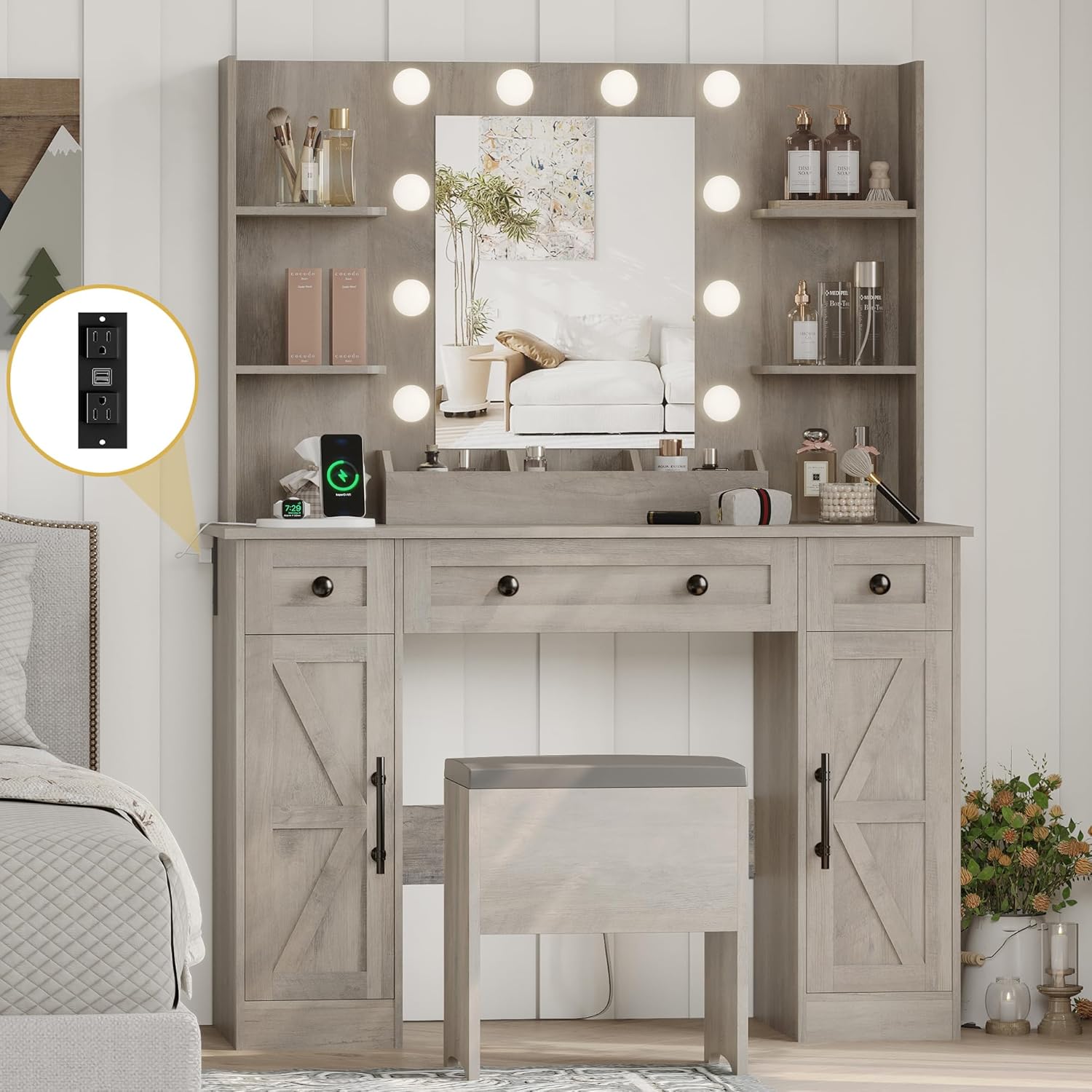 FANRAL Makeup Vanity Desk with Mirror and Lights,43" Farmhouse Vanity Table Set with Chair & Power Outlet,Large Dressing Table for Women Bedroom