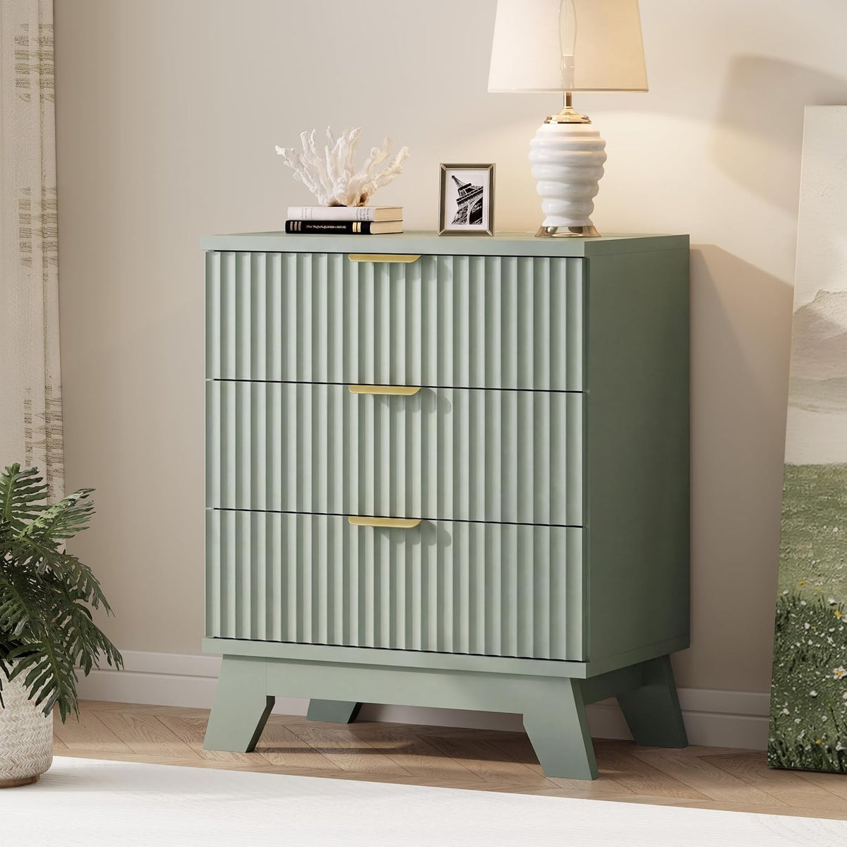 FANRAL 3 Large Drawer Nightstand,30" Tall Night Stand,24" Wide Side Table, Fluted Bedside Table Modern End Table Small Dresser for Bedroom, Nightstand