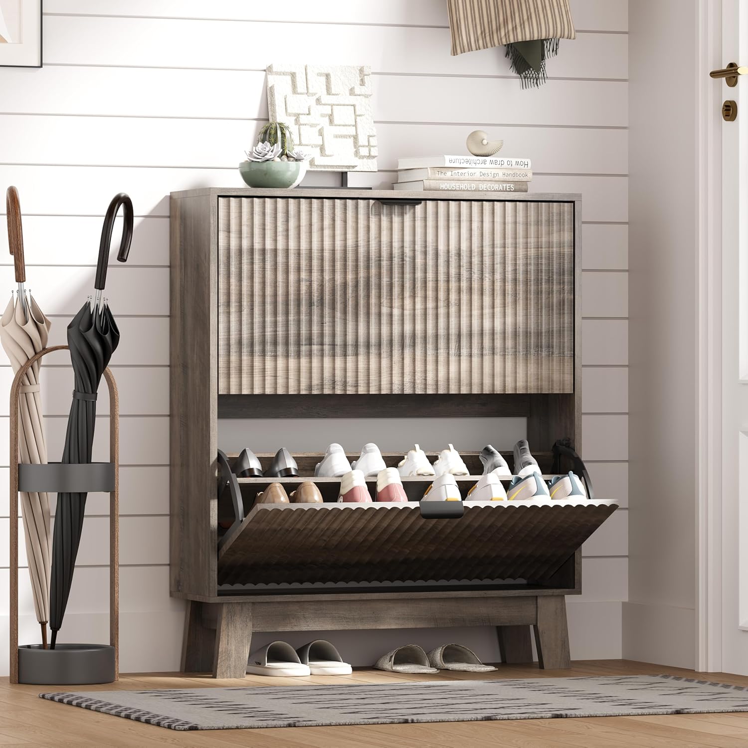 FANRAL Shoe Cabinet with 2 Flip Drawers & Open Storage,Fluted Shoe Storage Cabinet Rack Organizer with Adjustable Shelves for Entryway,Closet,Hallway,