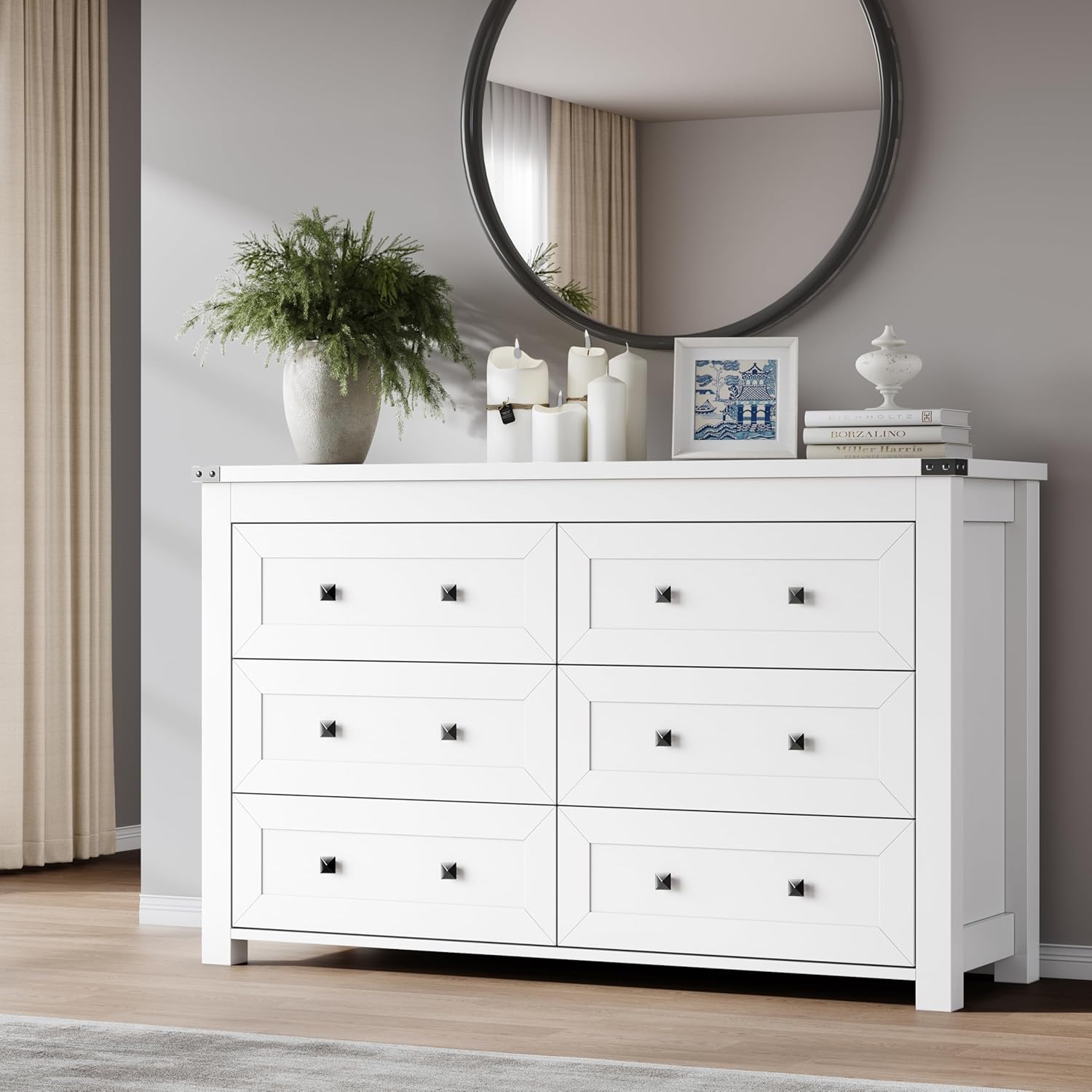 FANRAL Dresser for Bedroom with 6 Drawers, Metal Handle Closet Storage Cabinet,Wide TV Stand Chests of Drawers, Dresser
