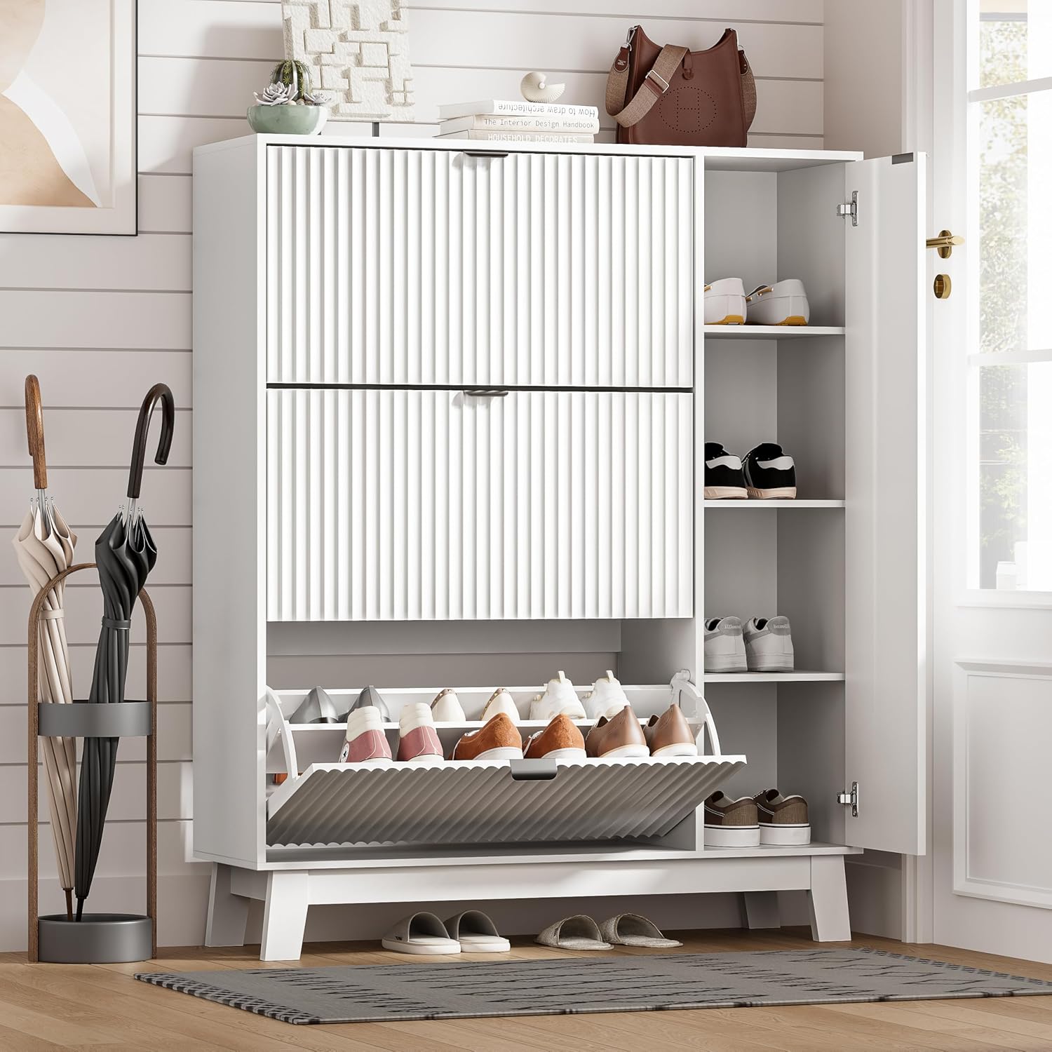 FANRAL Shoe Cabinet with 2 Flip Drawers & Open Storage,Fluted Shoe Storage Cabinet Rack Organizer with Adjustable Shelves for Entryway,Closet,Hallway,
