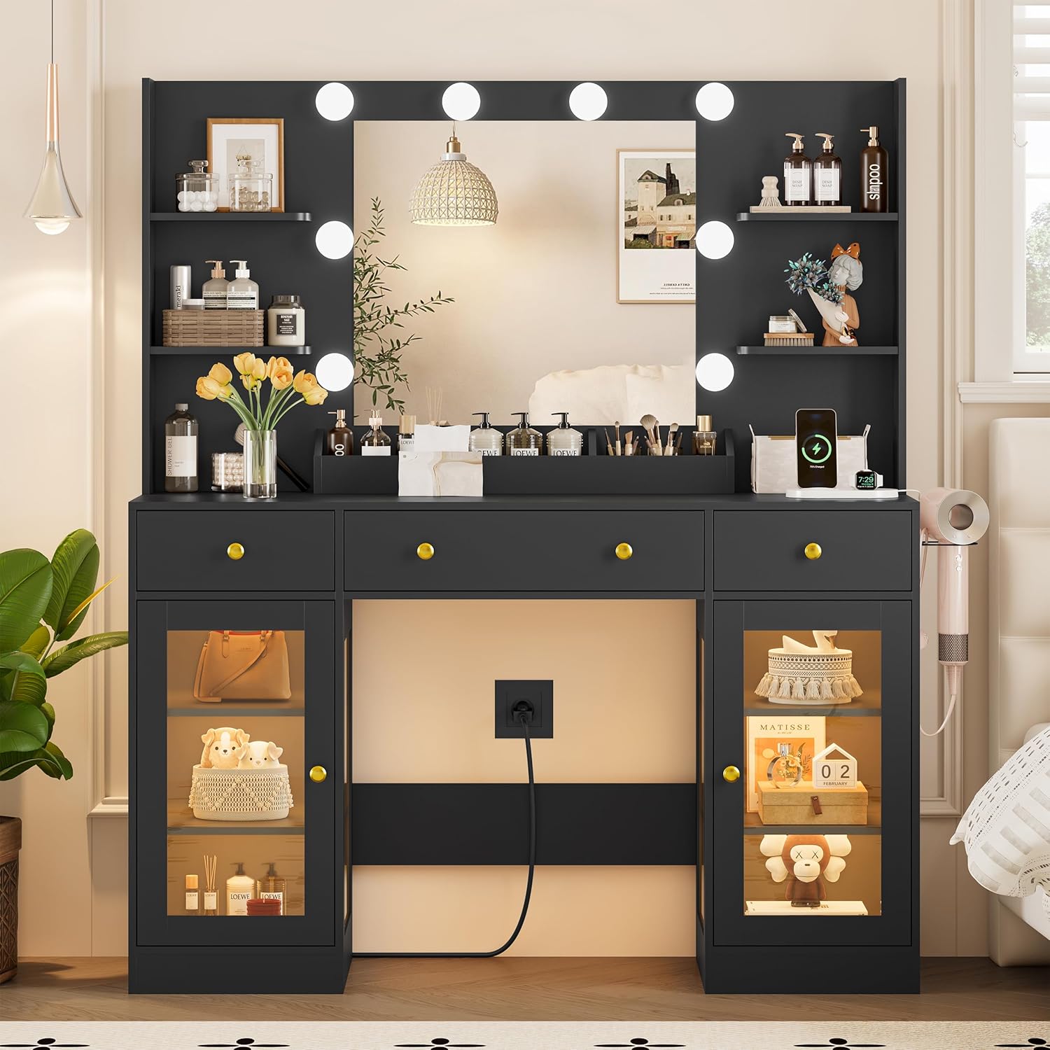 FANRAL Vanity Desk with Mirror and Lights,Dressing Table with RGB Cabinets & Charging Station,47.24 Large Vanity