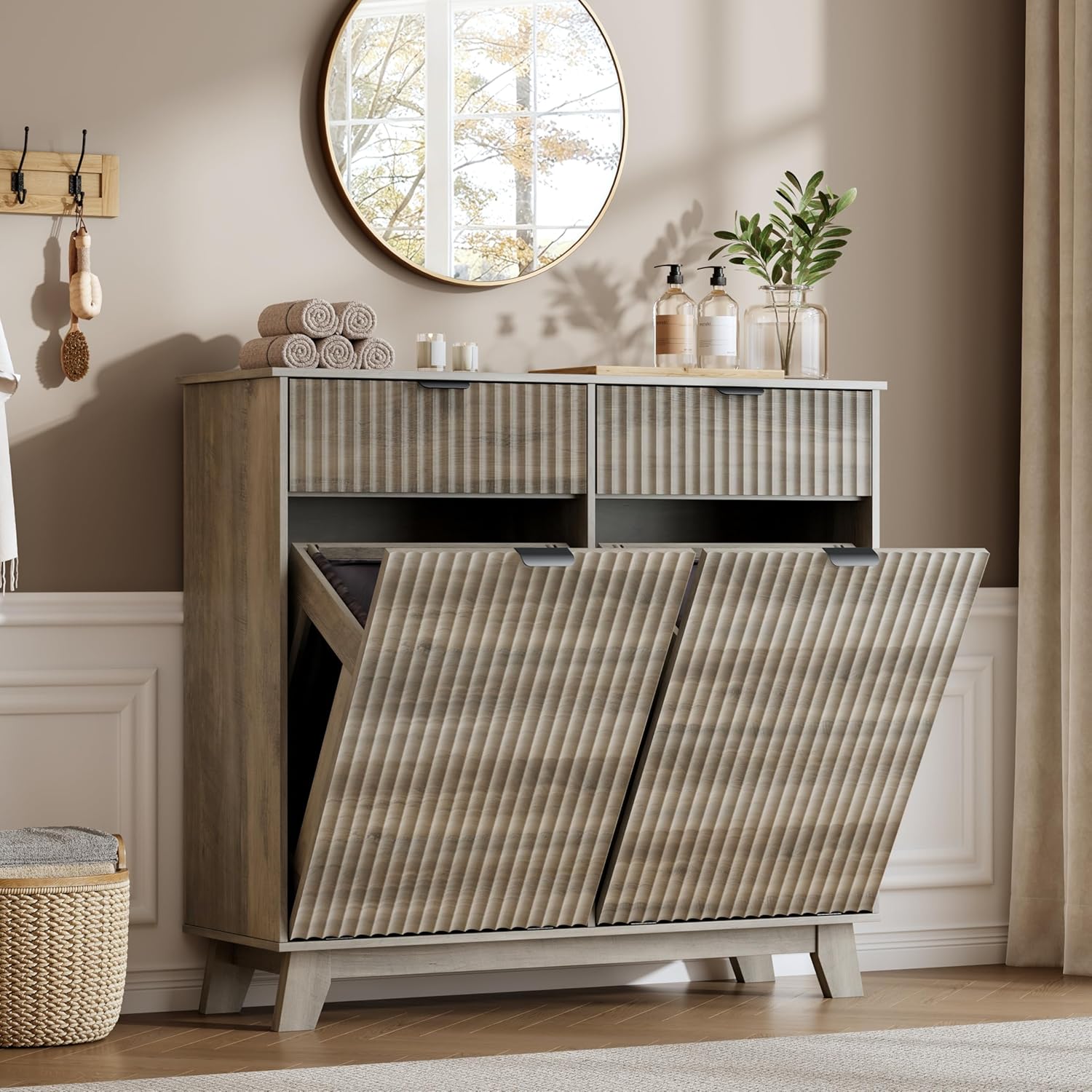 FANRAL Single Tilt Out Laundry Hamper Cabinet,10 Gallon en Hidden Storage Cabinet,Fluted Trash Can for Bathroom Kitchen Living Room, Laundry Basket Cabinet