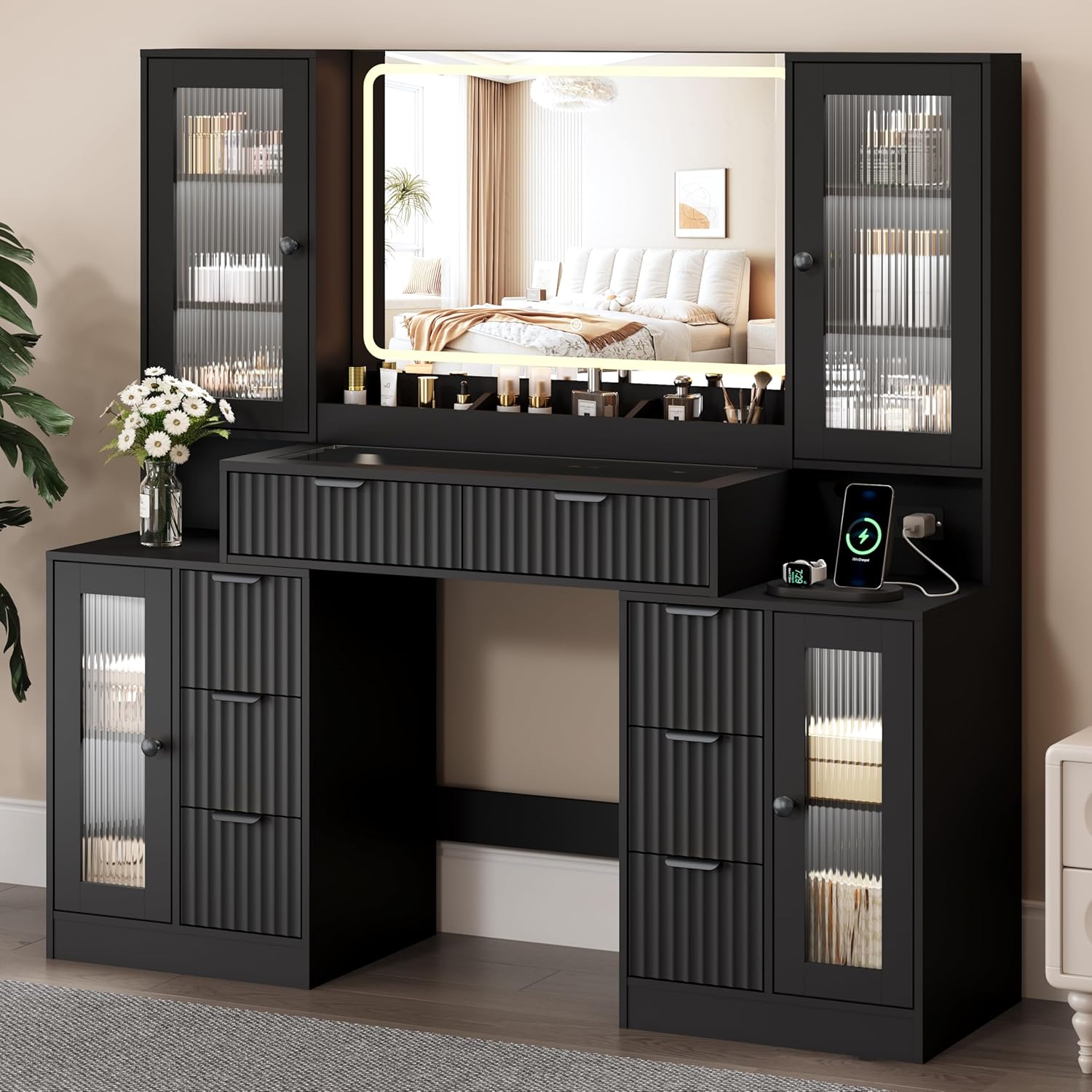FANRAL 55" Oversized Fluted Vanity Desk with Lighted Mirror,RGB Cabinet Lighting & Tempered Glass Top,Built-in Charging Station & Multi-Drawer Storage for Bedroom & Beauty Room, Vanity