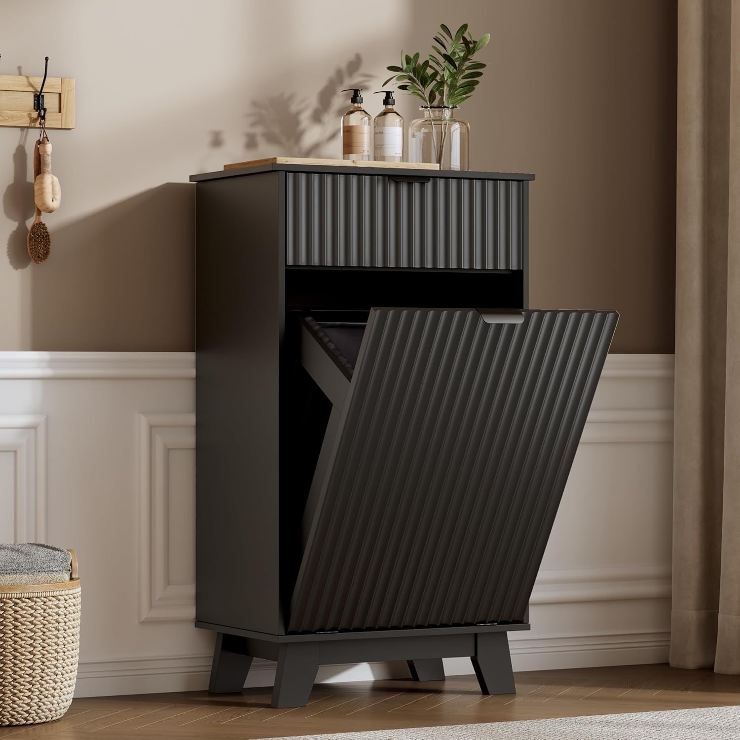 FANRAL Single Tilt Out Laundry Hamper Cabinet,10 Gallon en Hidden Storage Cabinet,Fluted Trash Can for Bathroom Kitchen Living Room, Laundry Basket Cabinet
