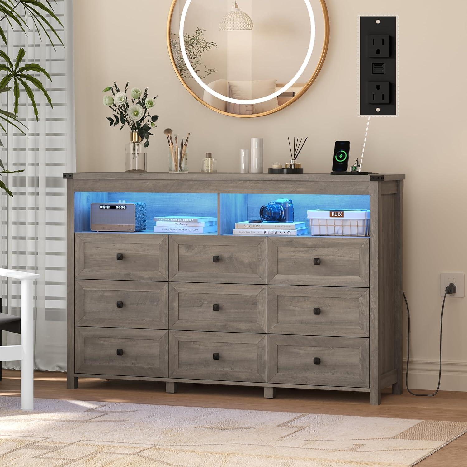 FANRAL Dresser for Bedroom with 6 Drawers, Metal Handle Closet Storage Cabinet,Wide TV Stand Chests of Drawers, Dresser