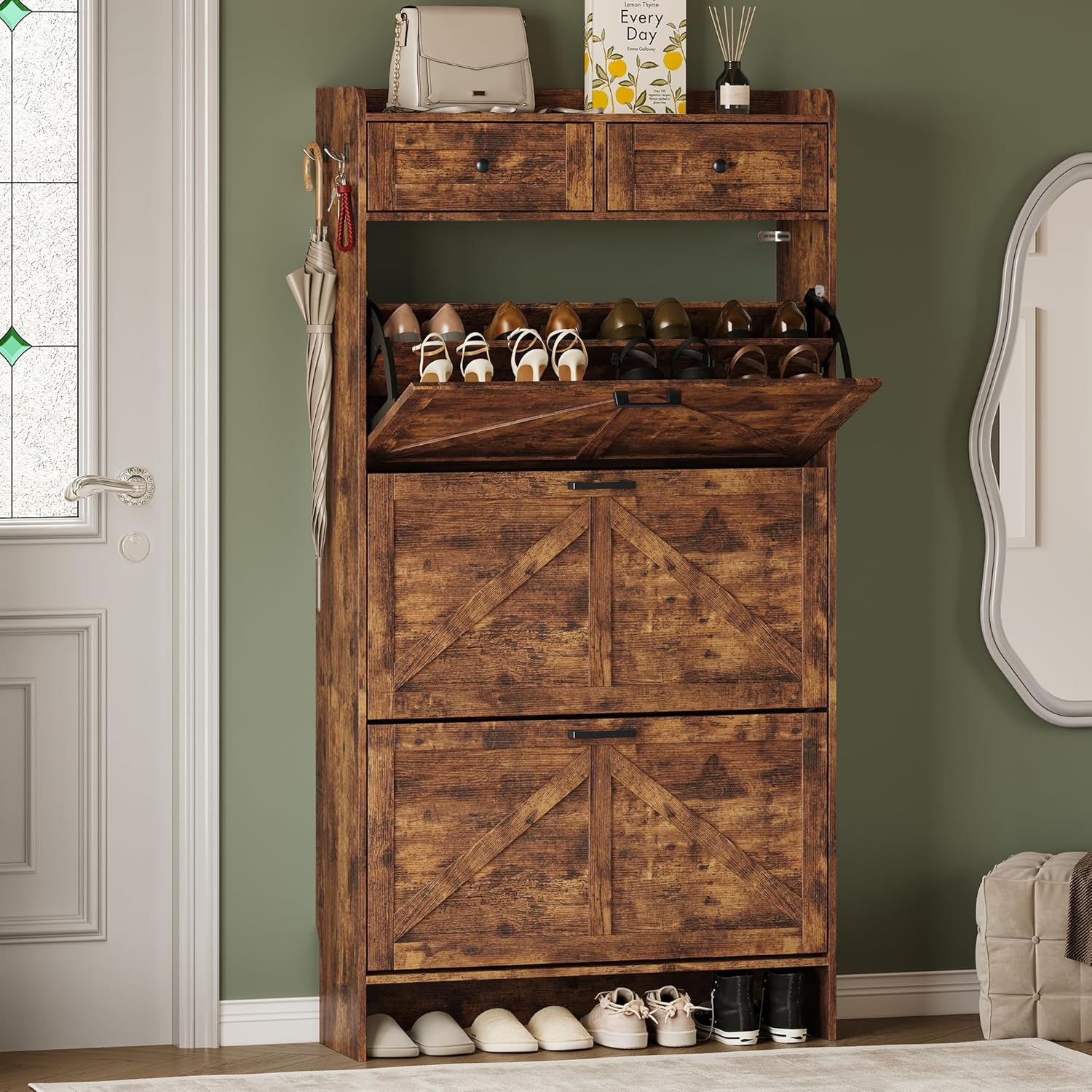 FANRAL Shoe Cabinet with 2 Flip Drawer & 2 Storage Drawer,Farmhouse Narrow Shoe Rack with Adjustable Shelve & Hook for Entryway,Hallway,