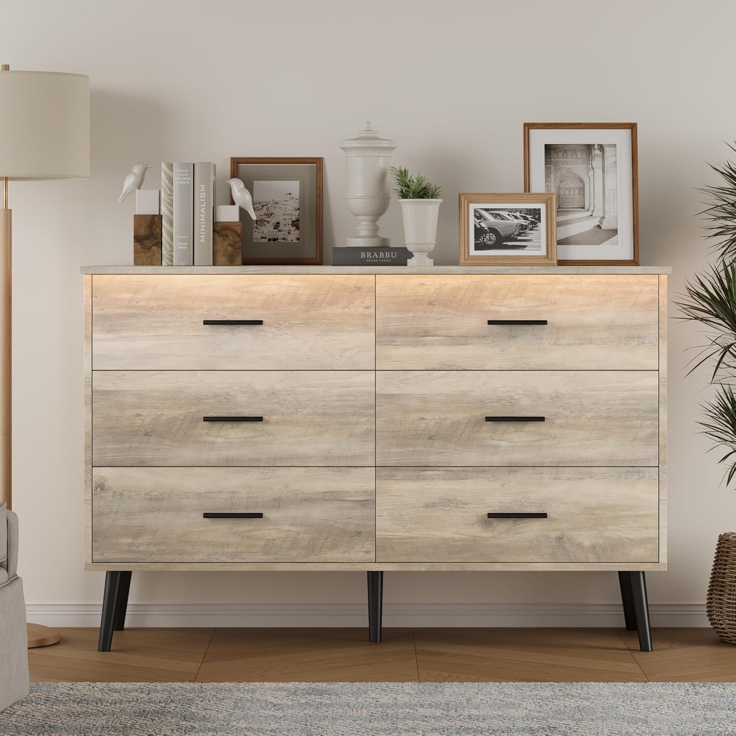 FANRAL 6 Drawers Dresser for Bedroom, Modern Chest of Drawers with X-Shaped Sturdy Base, Dresser