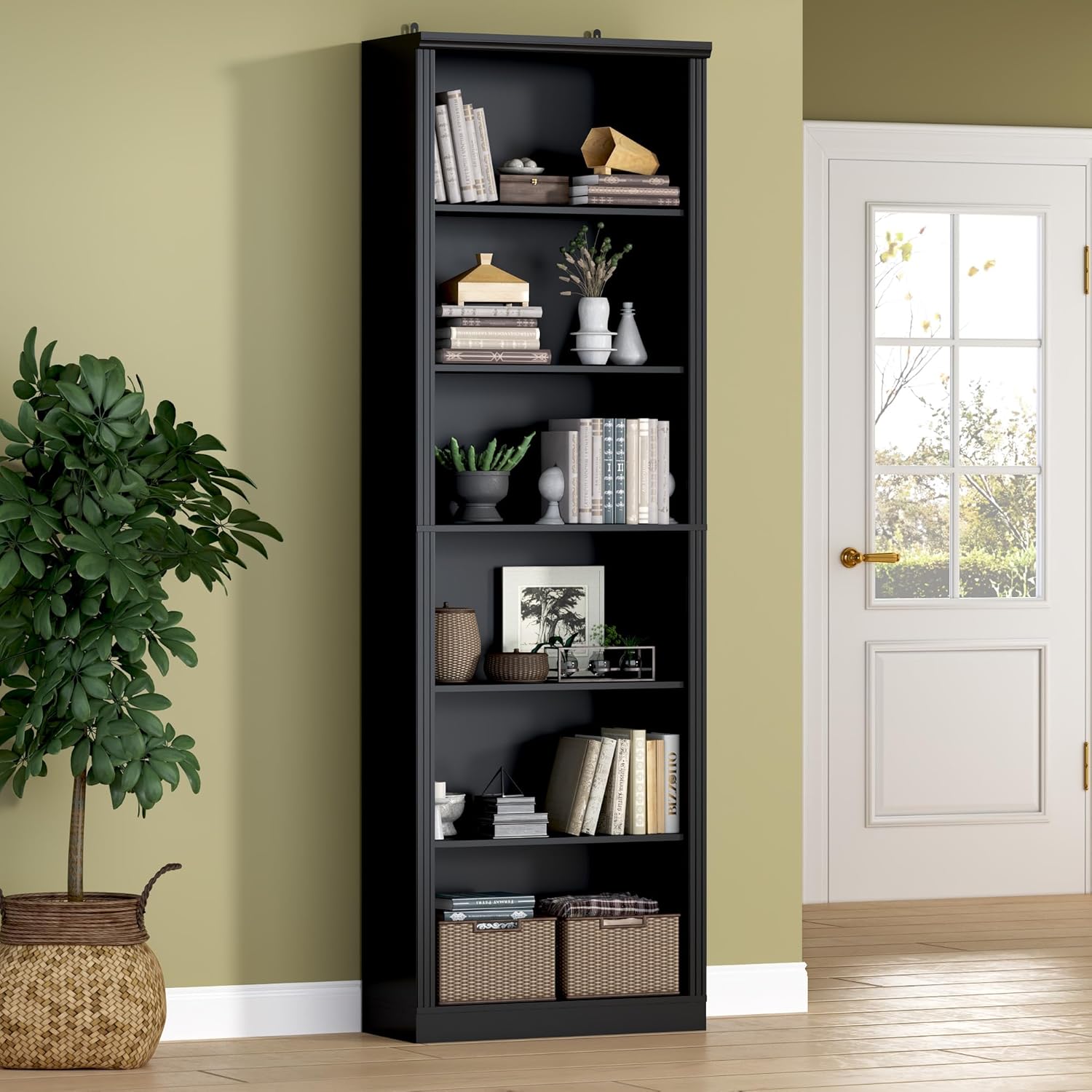 FANRAL 75" Tall Bookshelf with 6 Tier,2 Adjustable Shelving, Vertical Narrow Storage Organizer, Freestanding Display Shelf for Home Living Room Bedroom Office, Bookcase