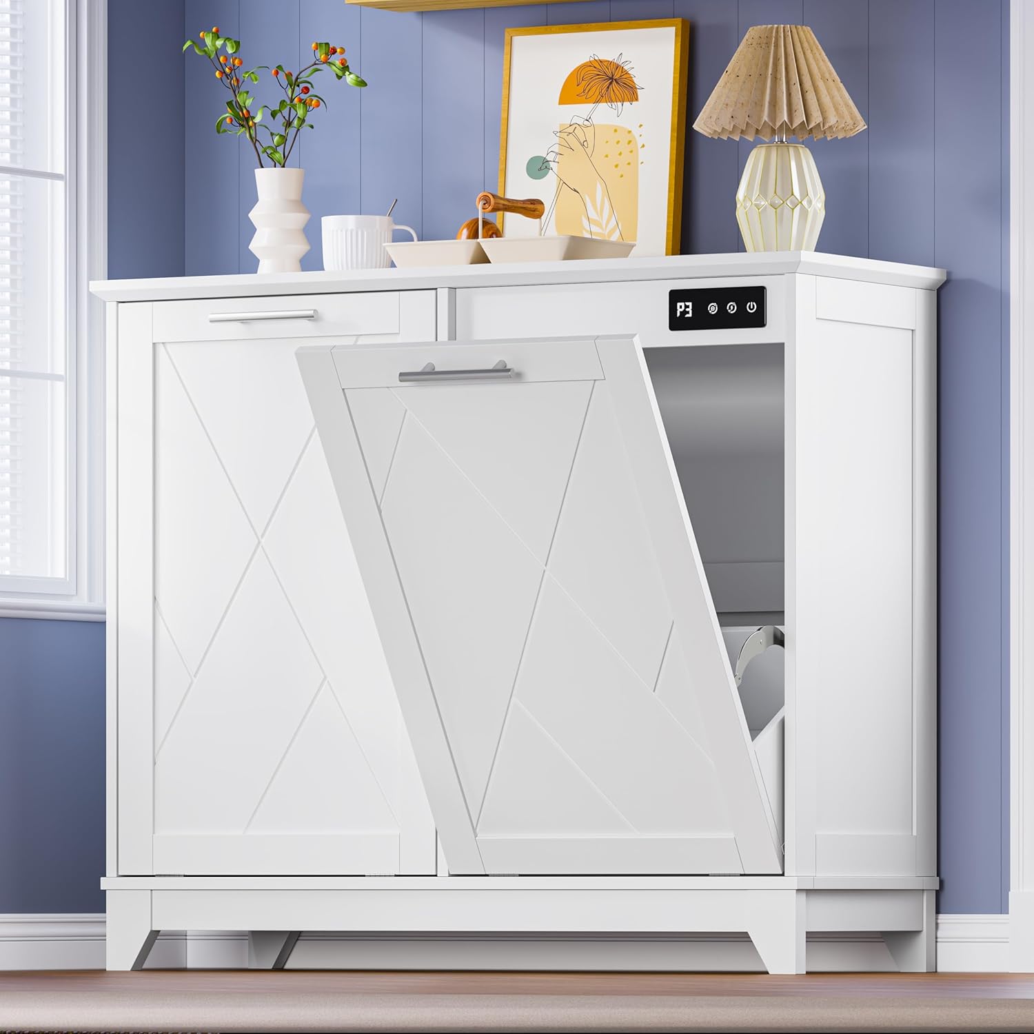 FANRAL Tilt Out Trash Can Cabinet for 2 Bins,Hidden Recycle Garbage Enclosure with Negative Ion & Ozone Odor Control,en Double Storage Cabinet for Kitchen Bathroom Laundry Room