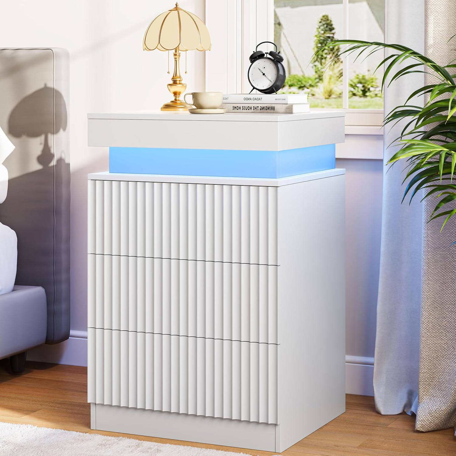 FANRAL Modern Fluted Nightstand with Charging Station & RGB LED,3 Drawer Bedside Table & End Table with Sliding Top Hidden Storage, Night Stand