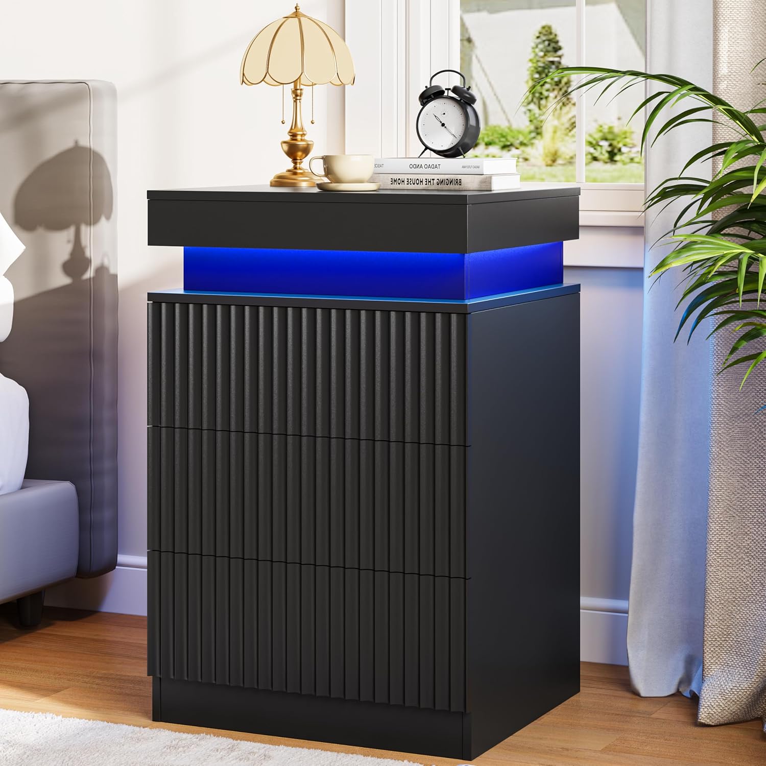 FANRAL Modern Fluted Nightstand with Charging Station & RGB LED,3 Drawer Bedside Table & End Table with Sliding Top Hidden Storage, Night Stand