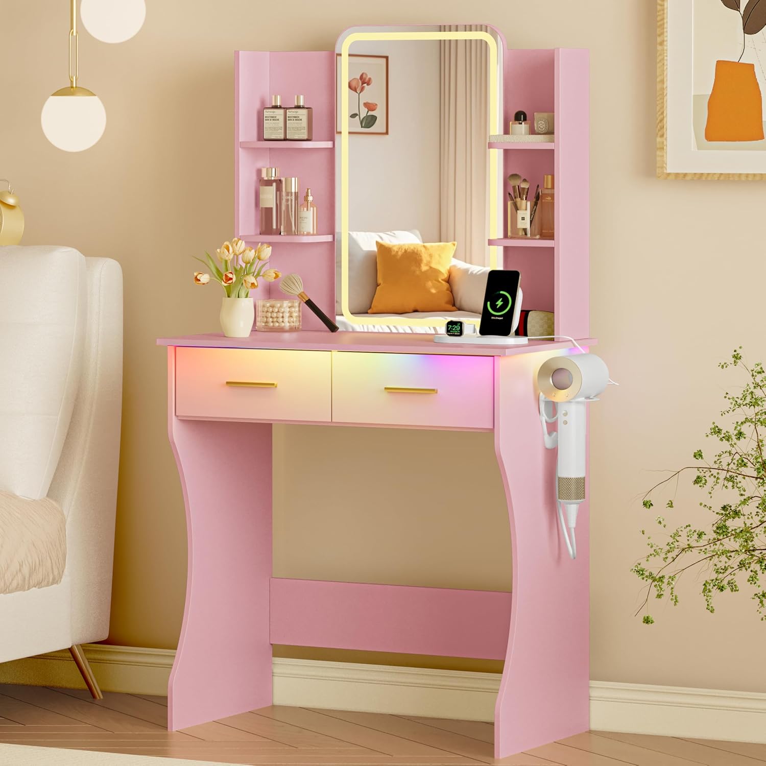 FANRAL Curved Vanity with LED Frame Mirror,Built-in Power Outlet & 8 Drawers,Open Shelves Dressing Table with Large Storage for Bedroom, Vanity