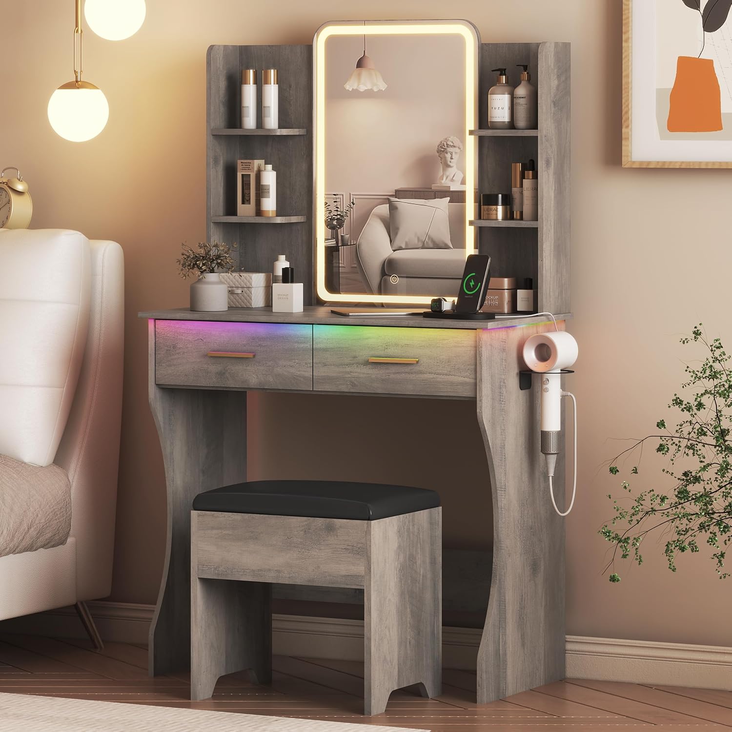 FANRAL 55" Oversized Fluted Vanity Desk with Lighted Mirror,RGB Cabinet Lighting & Tempered Glass Top,Built-in Charging Station & Multi-Drawer Storage for Bedroom & Beauty Room, Vanity