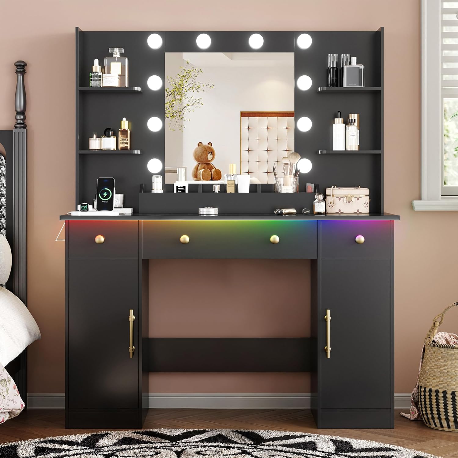 FANRAL 43'' Vanity Desk with 10 Lights & Under-Table RGB Strip,Built-in Power Outlets,Cushioned Stool & Large Storage,Dressing Table for Bedroom Bathroom Grooming, Vanity
