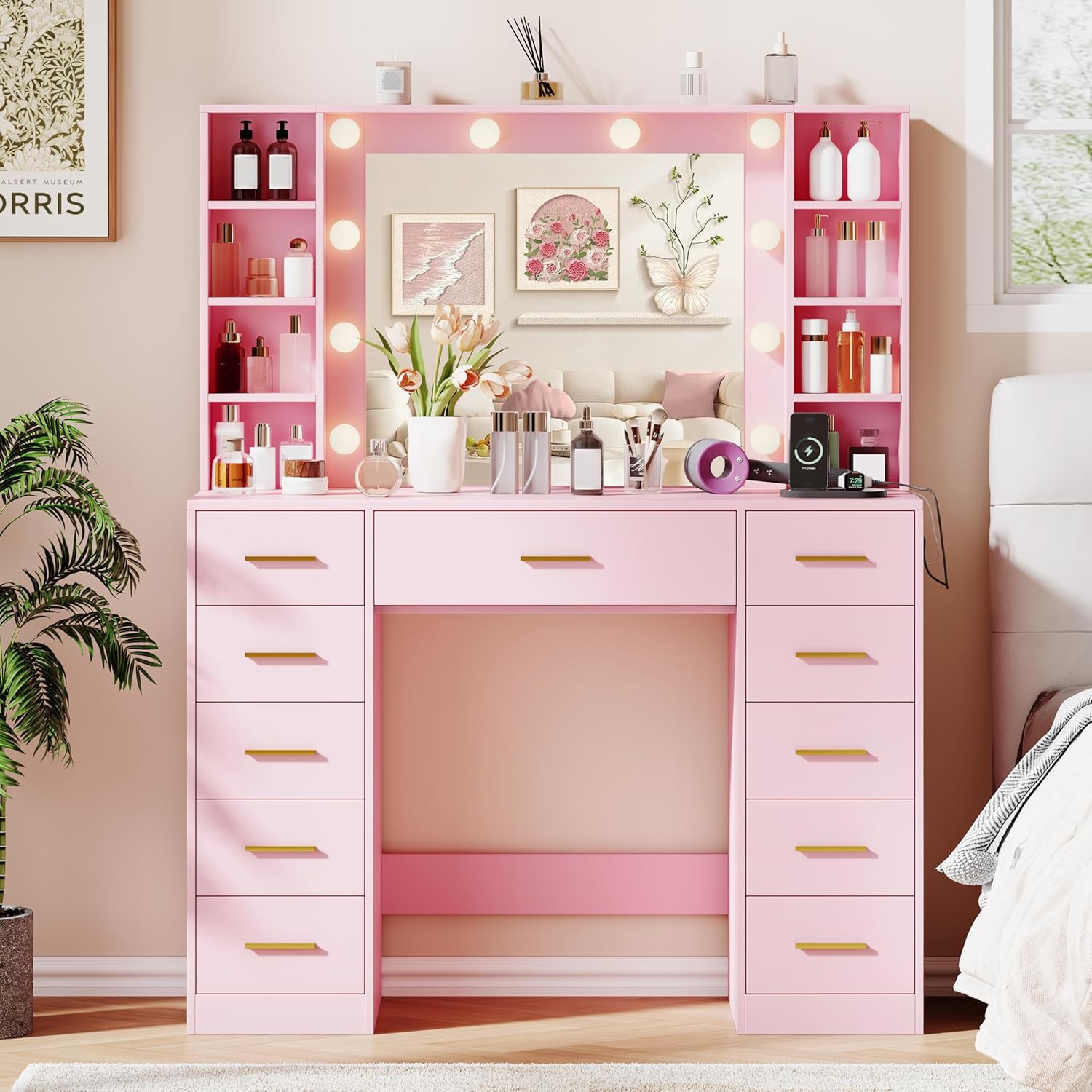 FANRAL Large Vanity Desk with LED Lighted Mirror & RGB Glass Cabinets,Built-in Charging Station & 7 Drawers,Modern Dressing Table for Bedroom Beauty Spaces, Vanity