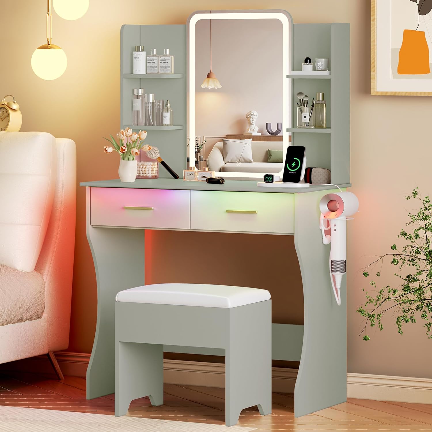FANRAL Large Fluted Vanity with LED Lighted Mirror,Built-in Cabinet Lighting & Multi-Drawer Storage,Modern Dressing Table for Bedroom Beauty Space, Vanity