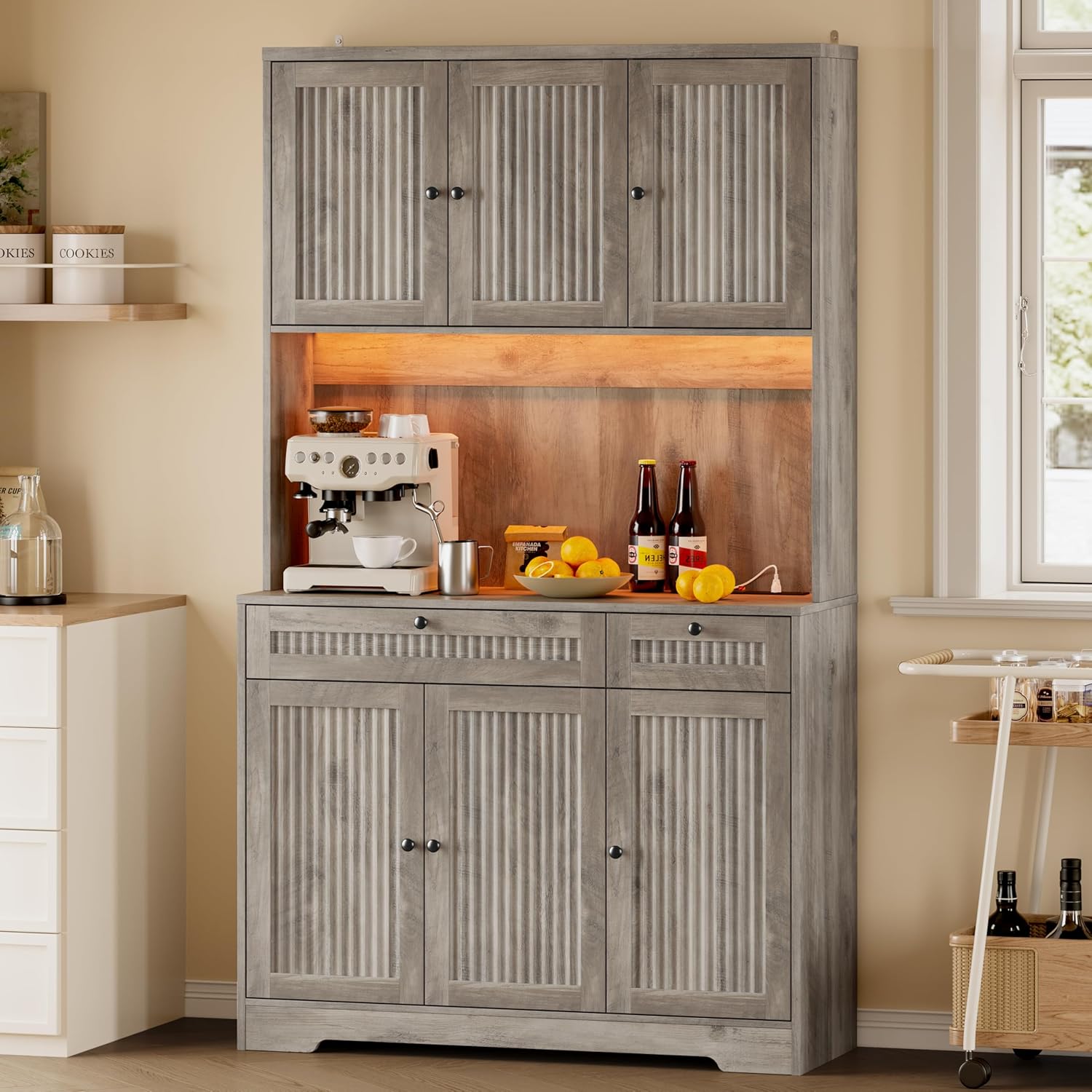 FANRAL 70¡± Tall Pantry Organizers and Storage Cabinet with Barn Doors & Drawers,Adjustable Shelf,Tall Pantry for Kitchen Dining Room Living Room Bedroom, Pantry Cabinet