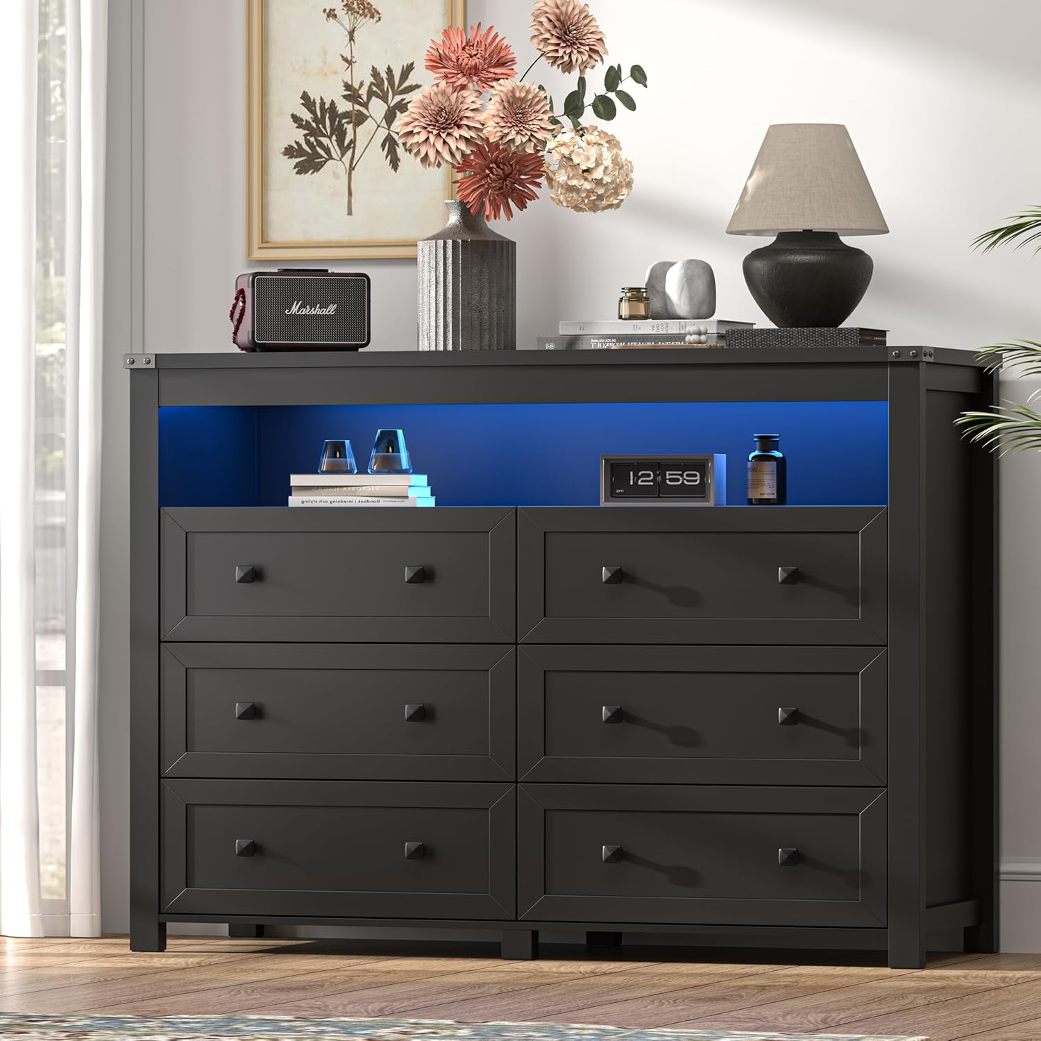 FANRAL Dresser for Bedroom with 6 Drawers, Metal Handle Closet Storage Cabinet,Wide TV Stand Chests of Drawers, Dresser