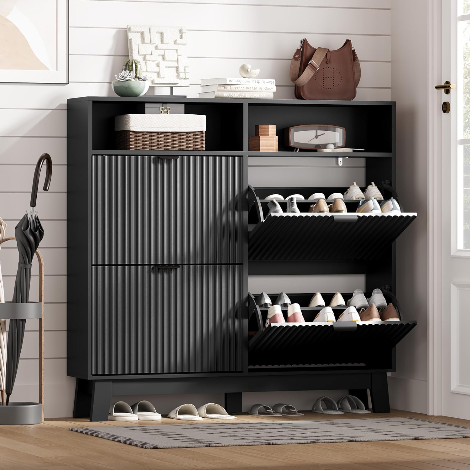 FANRAL Shoe Cabinet with 2 Flip Drawers & Open Storage,Fluted Shoe Storage Cabinet Rack Organizer with Adjustable Shelves for Entryway,Closet,Hallway,