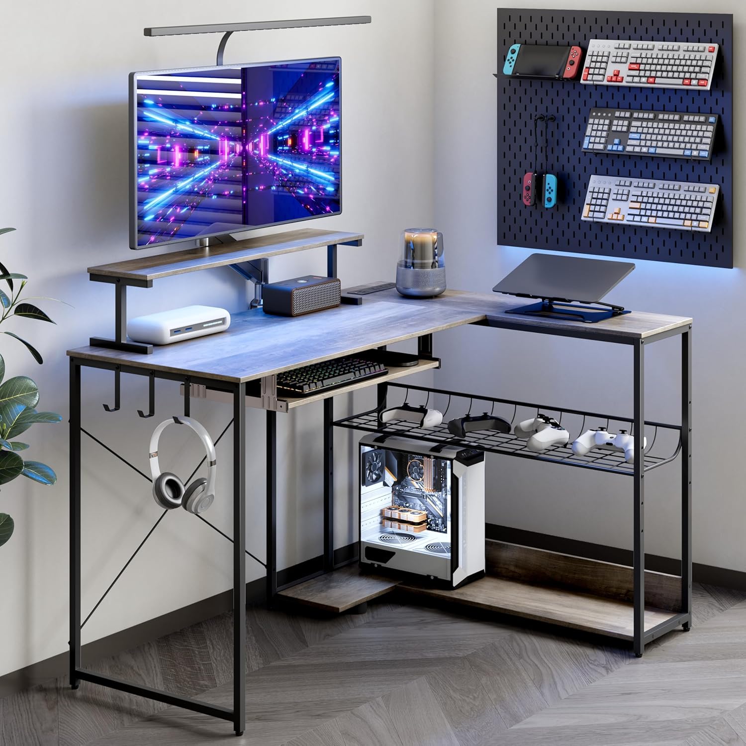 FANRAL L Shaped Computer Gaming Desk with Monitor Stand,LED Light & USB Power Outlet,Reversible Shelves Corner Desk with Keyboard Tray for Home Office Study, Computer Desk