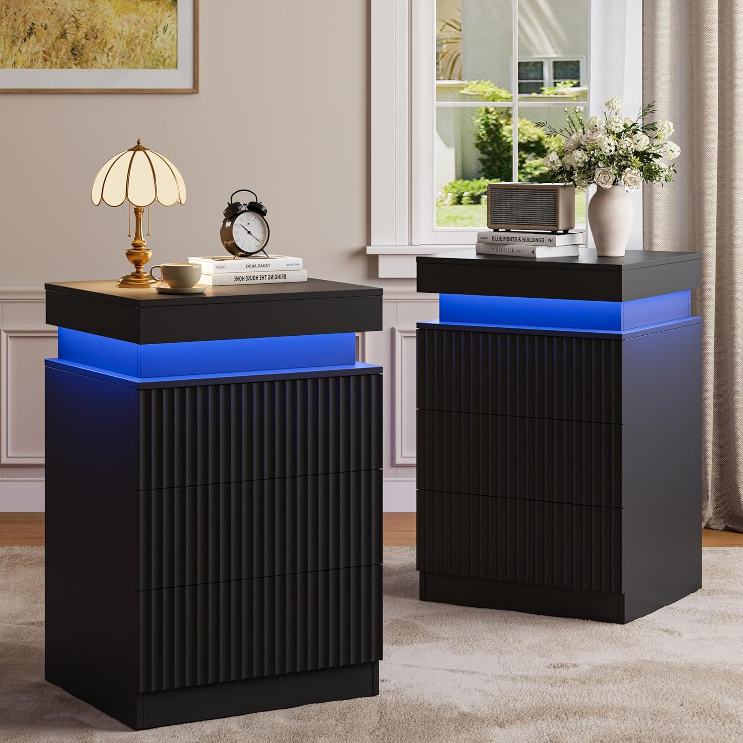 FANRAL Modern Fluted Nightstand with Charging Station & RGB LED,3 Drawer Bedside Table & End Table with Sliding Top Hidden Storage, Night Stand