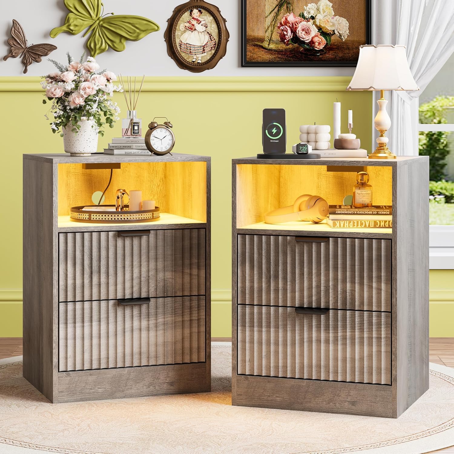 FANRAL Nightstand Set of 2,LED Nightstands with Charging Station,Fluted Design Bedside Table with RGB LED Lighting,Mid Century Modern Small Dresser with Storagee, Night Stand