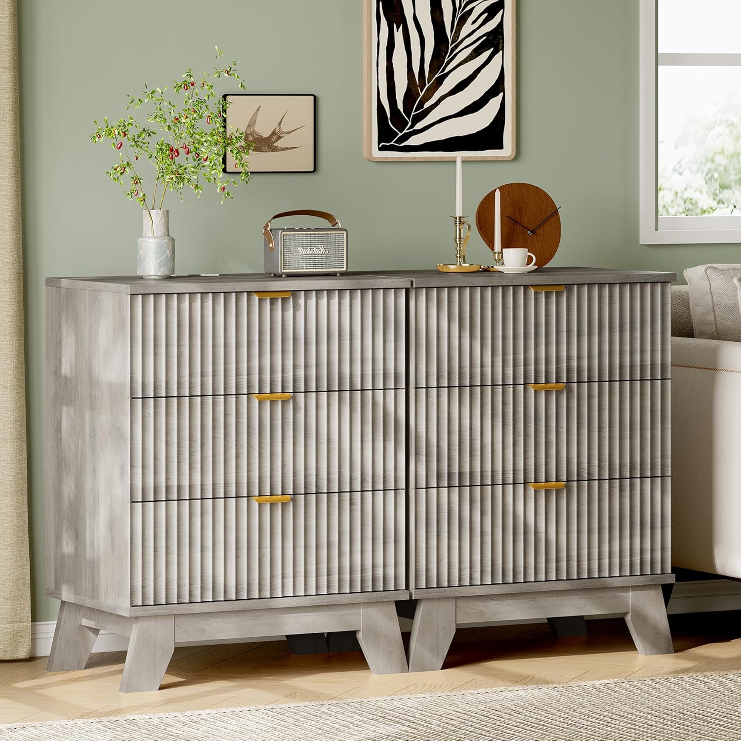 FANRAL 3 Large Drawer Nightstand,30" Tall Night Stand,24" Wide Side Table, Fluted Bedside Table Modern End Table Small Dresser for Bedroom, Nightstand