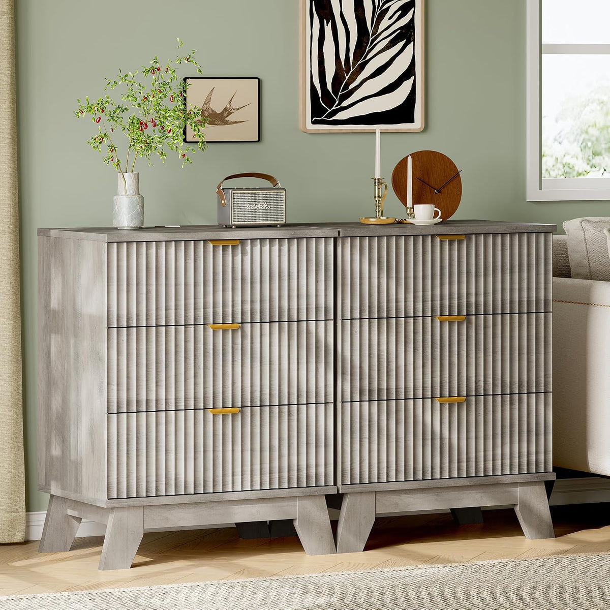 FANRAL 3 Large Drawer Nightstand,30" Tall Night Stand,24" Wide Side Table, Fluted Bedside Table Modern End Table Small Dresser for Bedroom, Nightstand