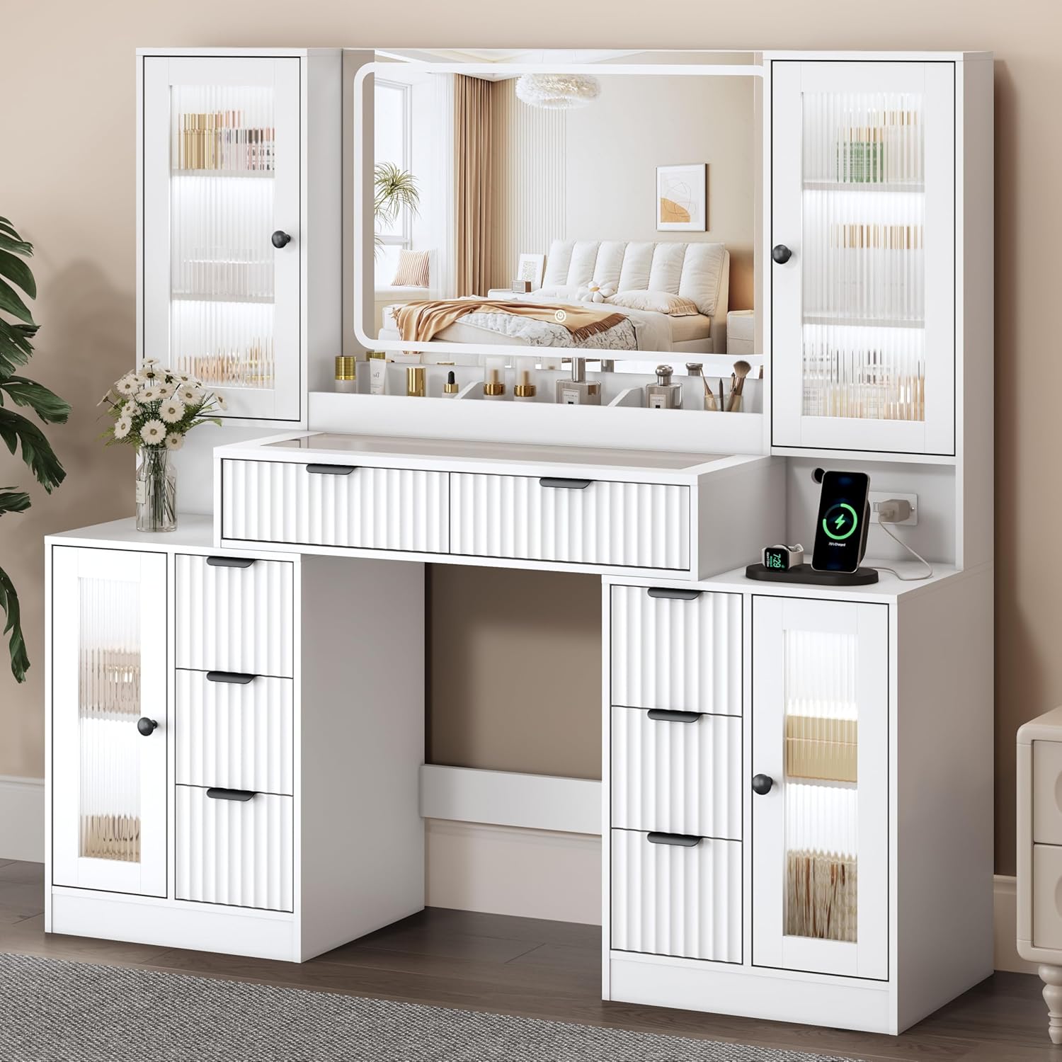 FANRAL 55" Oversized Fluted Vanity Desk with Lighted Mirror,RGB Cabinet Lighting & Tempered Glass Top,Built-in Charging Station & Multi-Drawer Storage for Bedroom & Beauty Room, Vanity