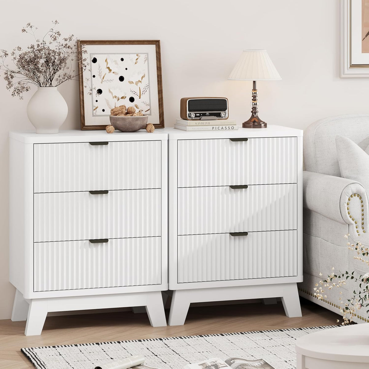 FANRAL 3 Large Drawer Nightstand,30" Tall Night Stand,24" Wide Side Table, Fluted Bedside Table Modern End Table Small Dresser for Bedroom, Nightstand