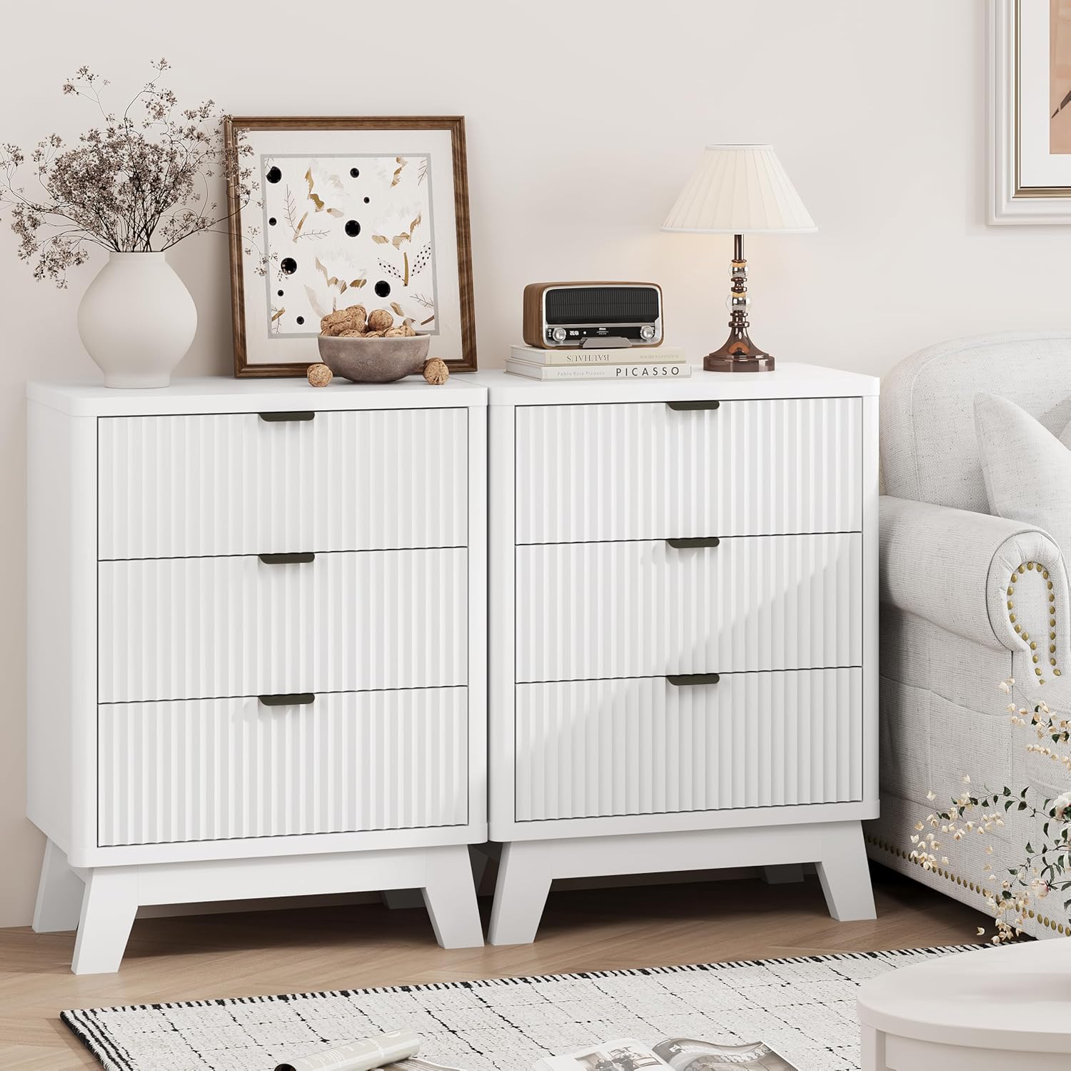 FANRAL Set of 2 Modern 3 Drawer Nightstand with Fluted Panels,en Bedside Table & End Tables with Metal Handles, Night Stand