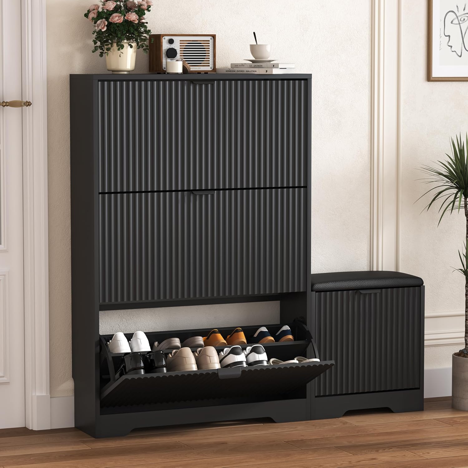 FANRAL Shoe Cabinet with 2 Flip Drawers & Open Storage,Fluted Shoe Storage Cabinet Rack Organizer with Adjustable Shelves for Entryway,Closet,Hallway,