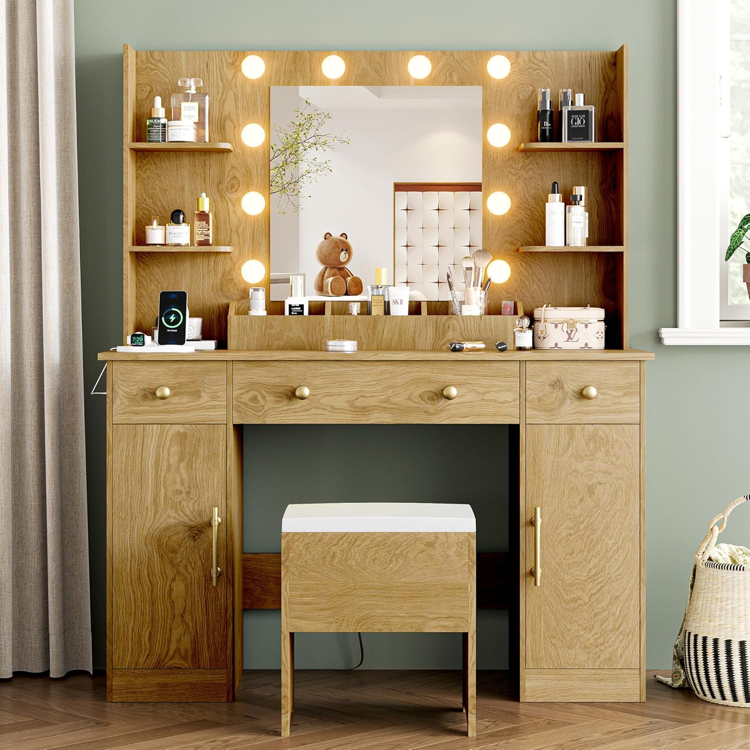 FANRAL Vanity Desk with Mirror and Lights,Large Makeup Vanity Table Set with Drawers & Chair & Power Outlet,Vanity for Bedroom