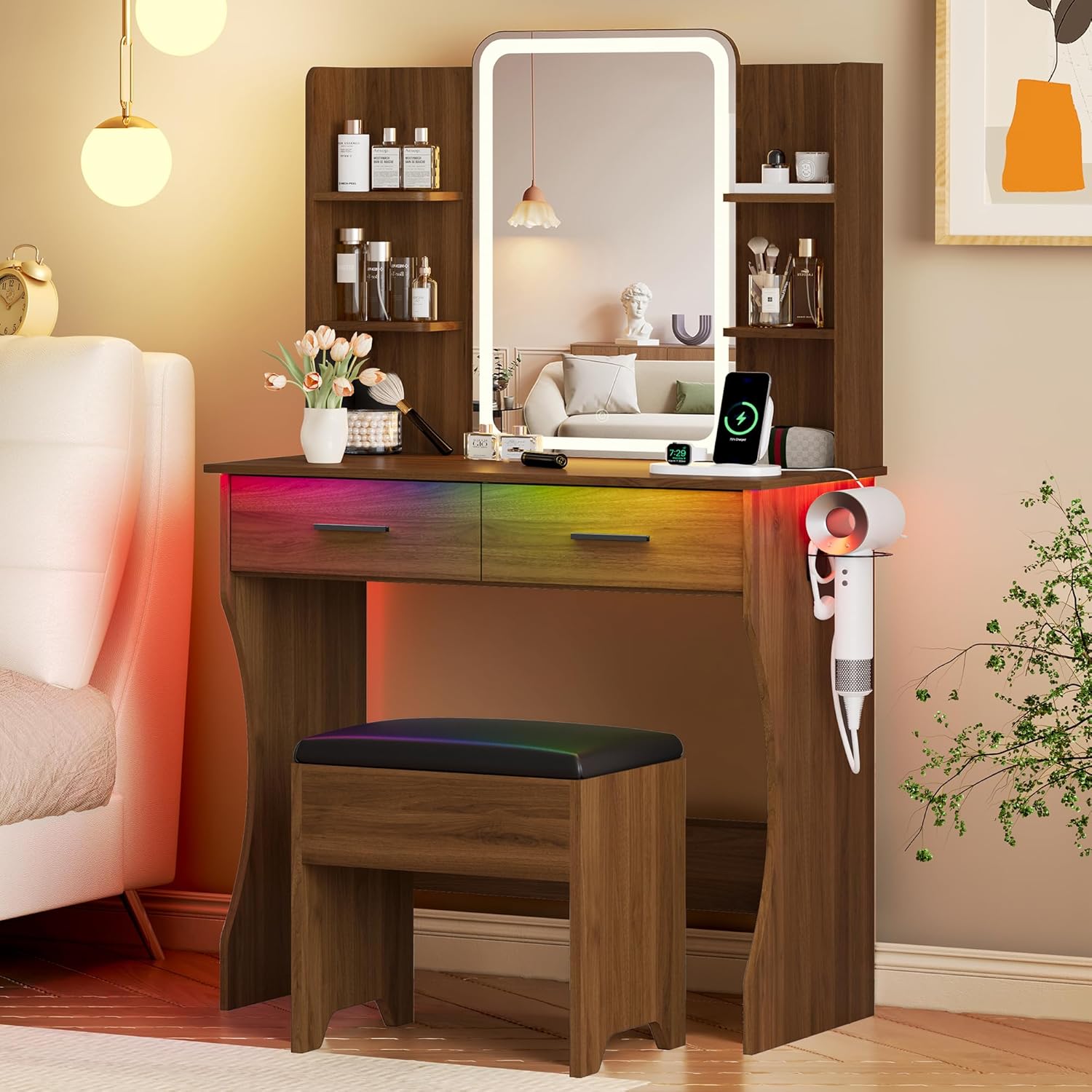 FANRAL Vanity Set with Mirror and Lights,31.5" Small Vanity Bedroom Vanity Desk,Makeup Vanity with Chair & Drawers & Power Outlet, Vanity