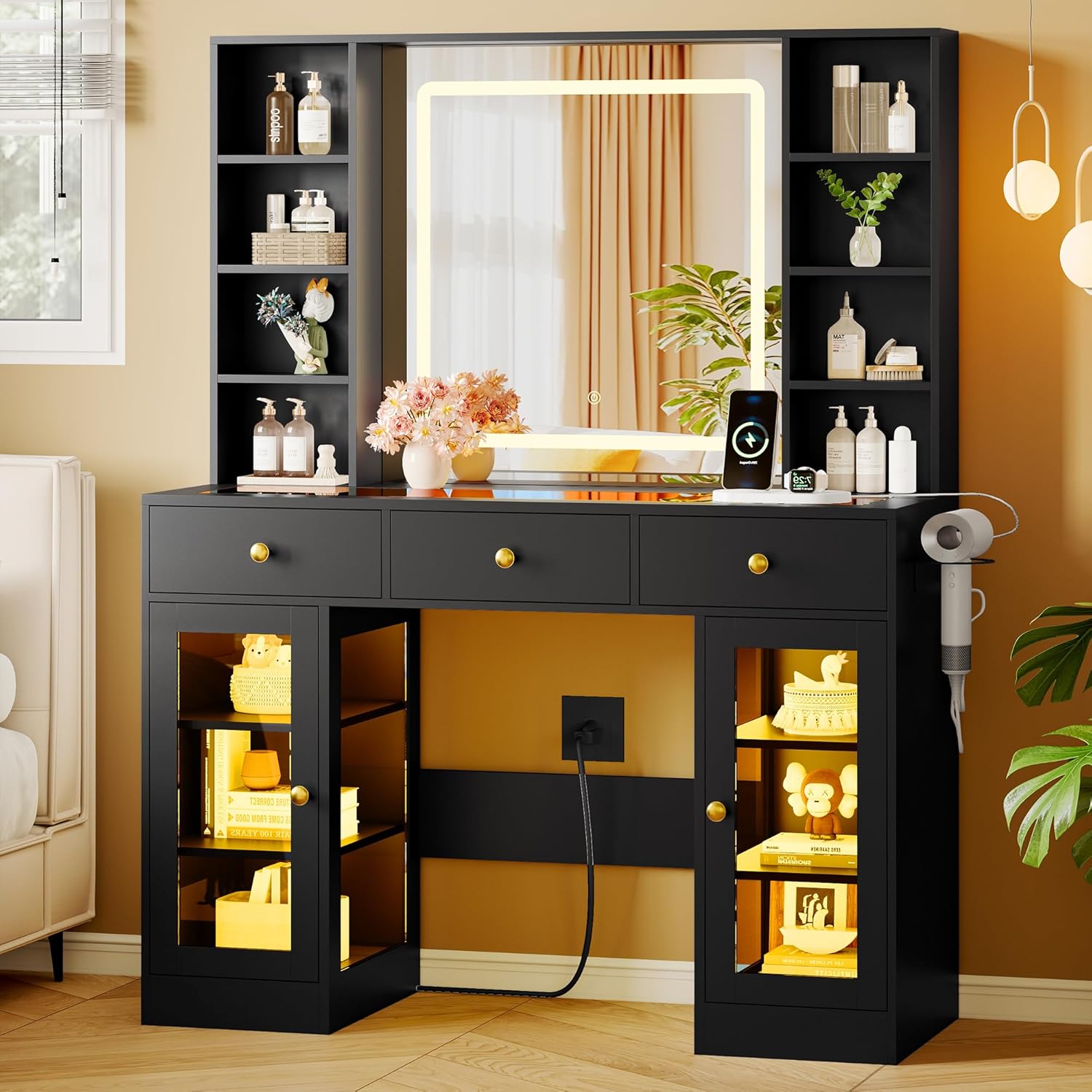 FANRAL Makeup Vanity Desk with Mirror and Lights,Glass Top Vanity Table with RGB Cabinets,Large Dressing Table for Women Bedroom