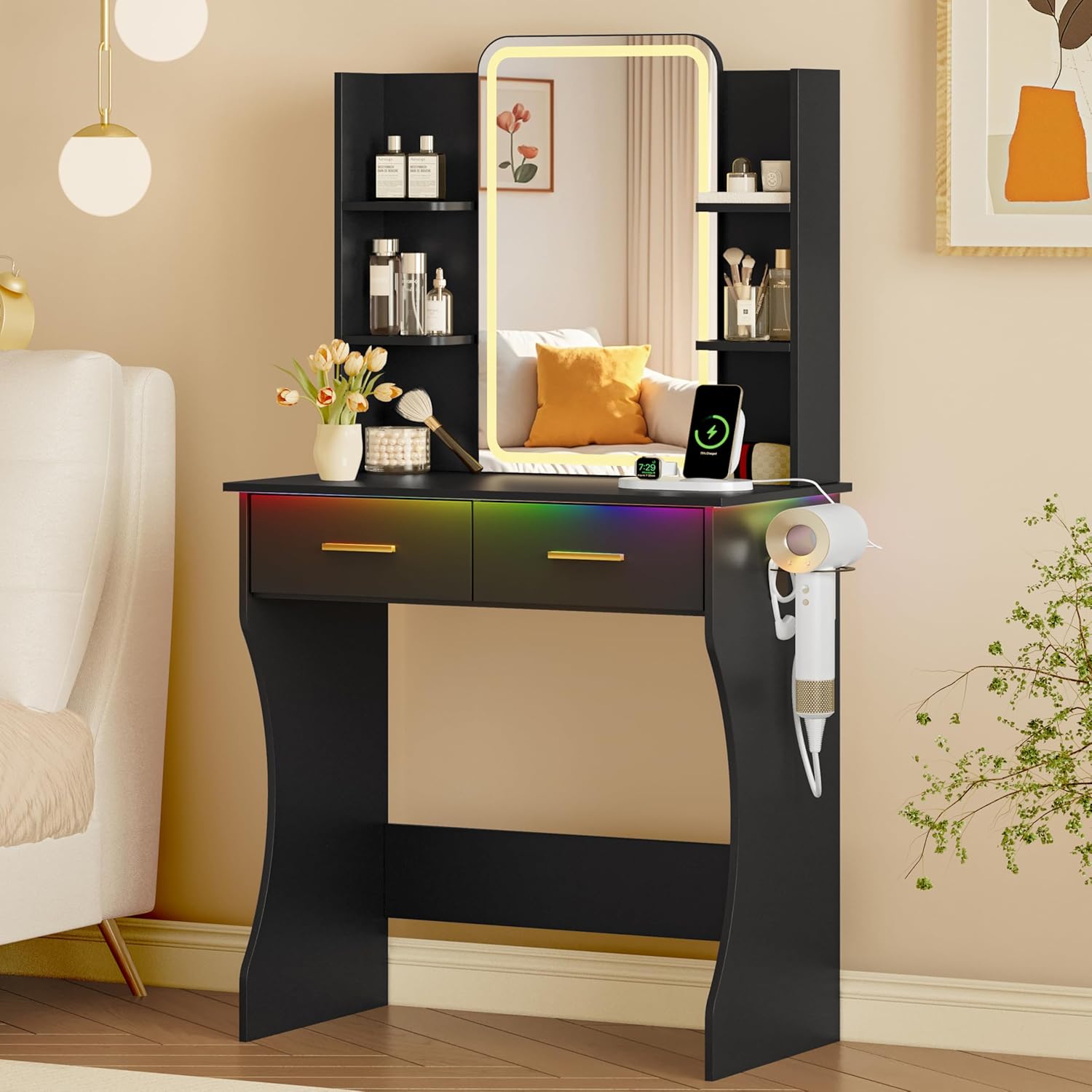 FANRAL Vanity Set with Mirror and Lights,31.5" Small Vanity Bedroom Vanity Desk,Makeup Vanity with Chair & Drawers & Power Outlet, Vanity