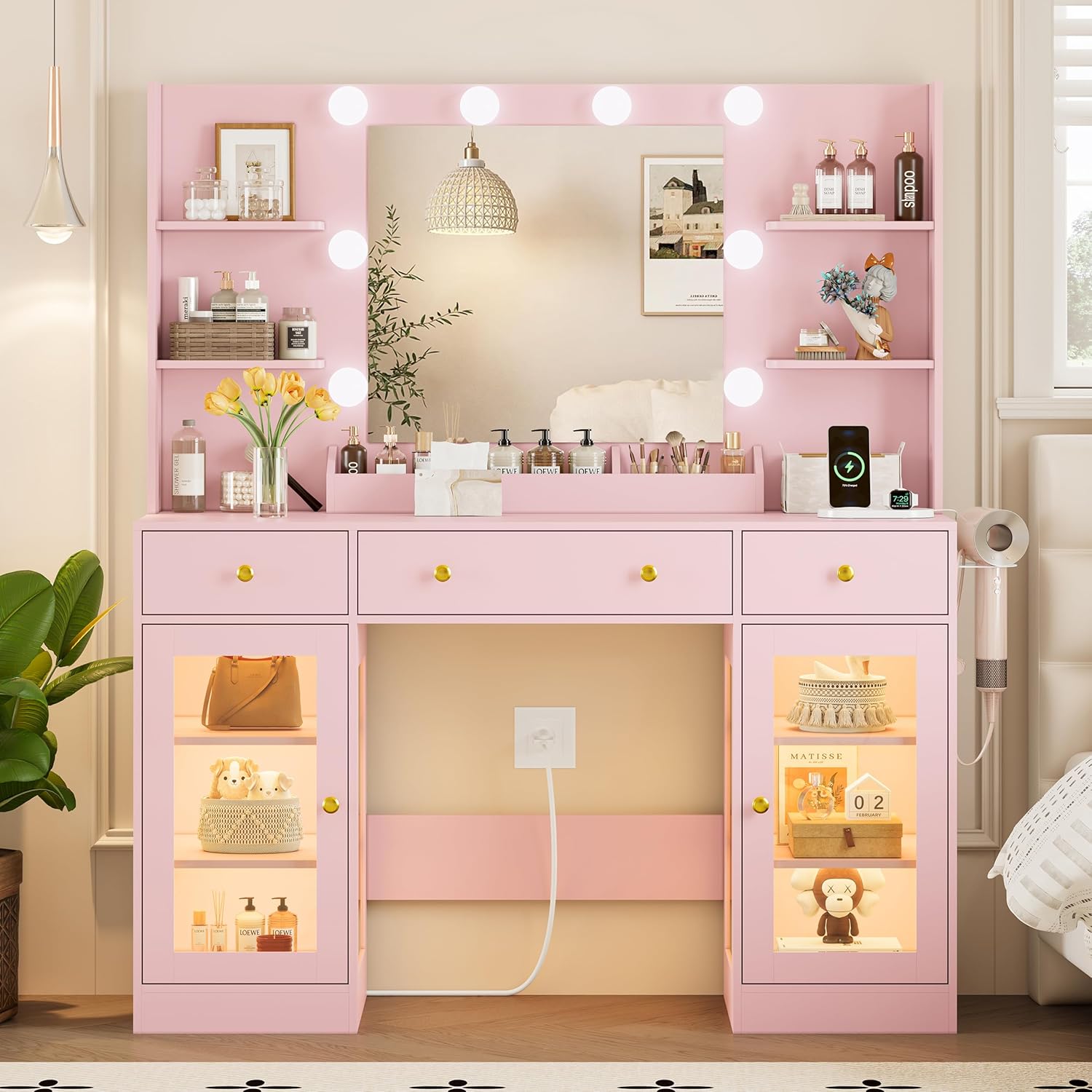 FANRAL Vanity Desk with Mirror and Lights,Dressing Table with RGB Cabinets & Charging Station,47.24 Large Vanity