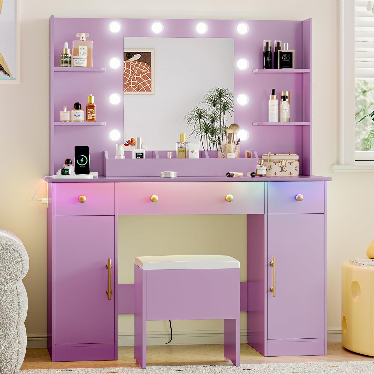 FANRAL Vanity Desk with Mirror and Lights,Large Makeup Vanity Table Set with Drawers & Chair & Power Outlet,Vanity for Bedroom