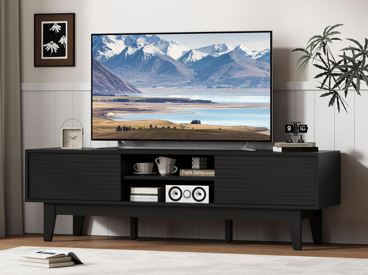 FANRAL Boho Farmhouse TV Stand for 65 Inch TV,Rattan Entertainment Center with Sliding Doors,Media Console with Adjustable Shelves & Cord Holes for Living Room, TV Stand