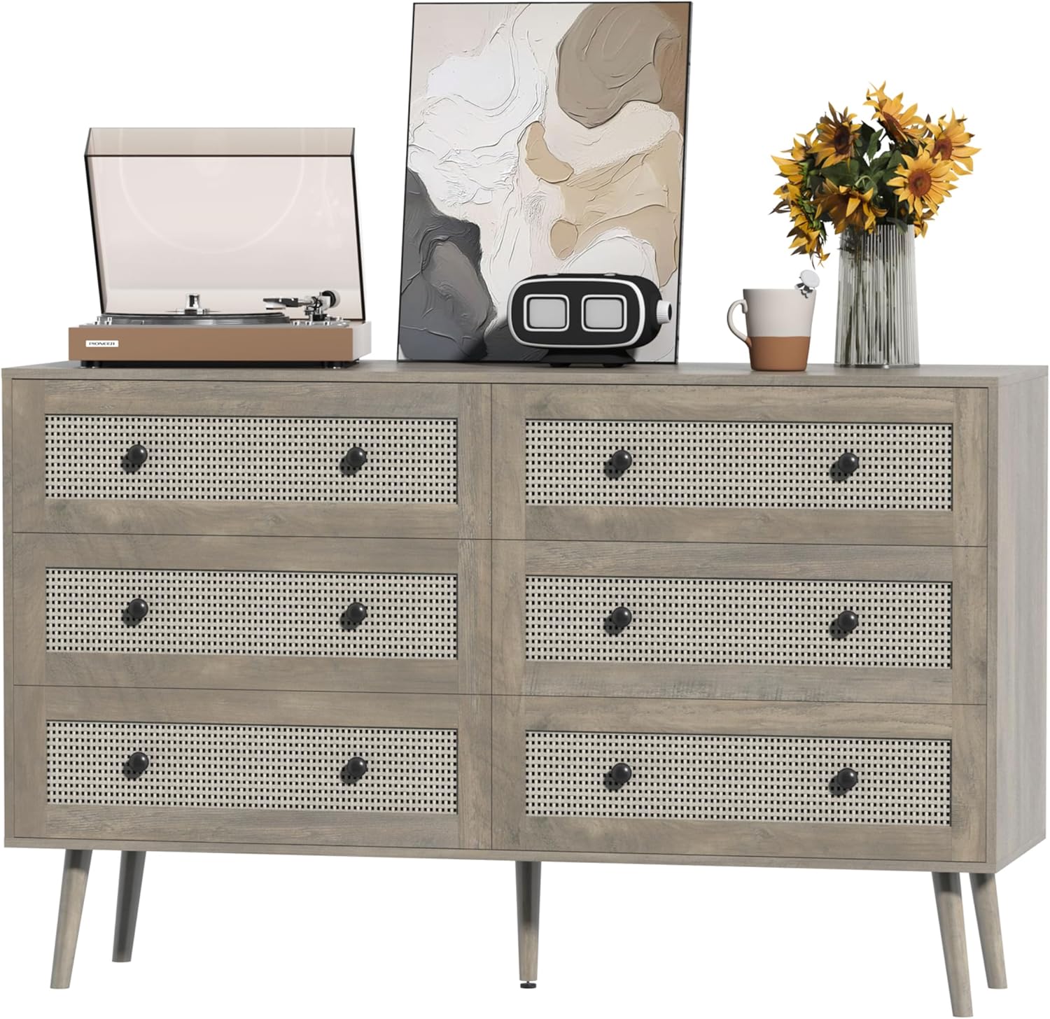 FANRAL 3 Drawers Dresser for Bedroom,Boho Small Natural Rattan Closet Dresser Chest of Drawers,Modern Clothes Storage Organizer with en Feet and Handles for Hallway,Living Room,Entryway