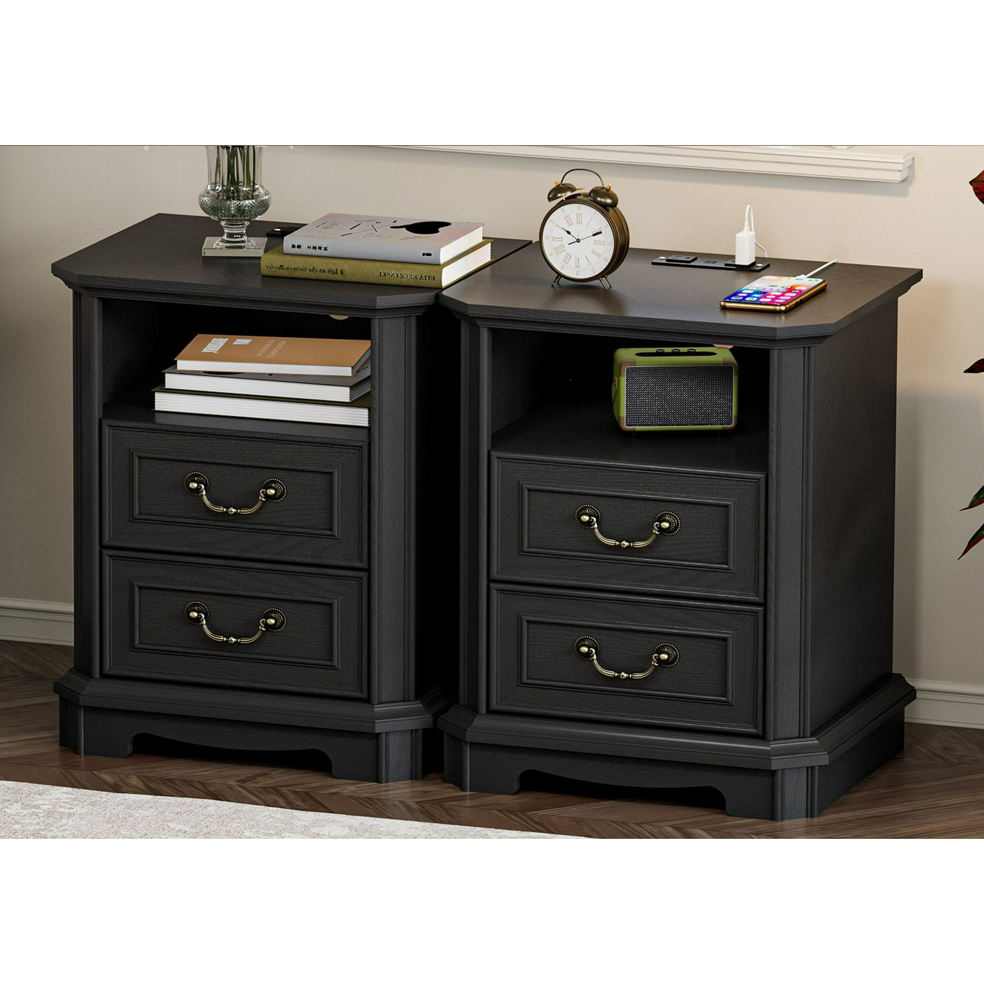 FANRAL Farmhouse Nightstand with Charging Station,2 Drawer Wood End Table,Small Side Bedside Table for Bedroom