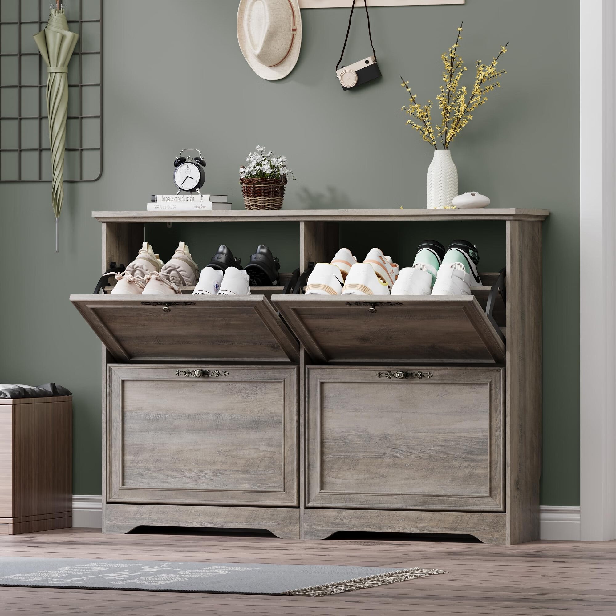 FANRAL Shoe Cabinet with 2 Flip Drawers & Open Storage,Adjustable Shelves en Slim Shoe Storage Cabinet and Rack for Entryway,