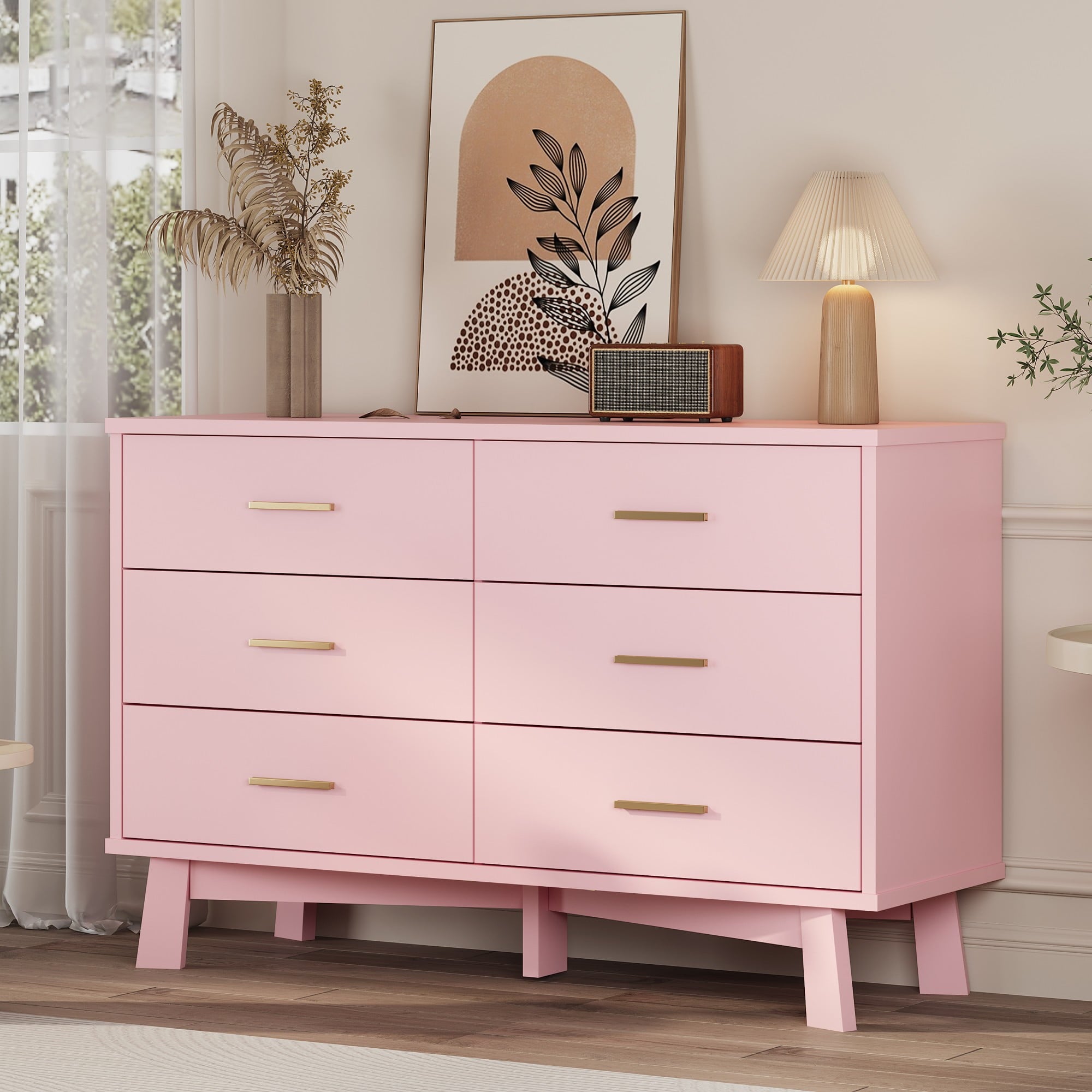 FANRAL 6 Drawers Dresser for Bedroom, Modern Chest of Drawers with X-Shaped Sturdy Base, Dresser