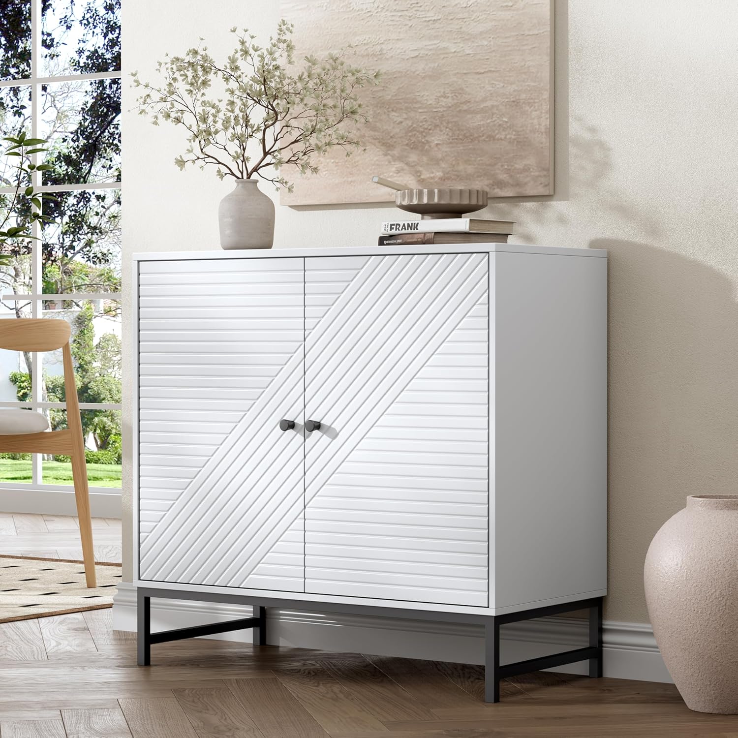 FANRAL 31.5" Wide Fluted Sideboard Buffet Cabinet with Sliding Door,Adjustable Shelves,Multi-Functional Storage Console for Kitchen Dining Room Living Room, Storage Cabinet