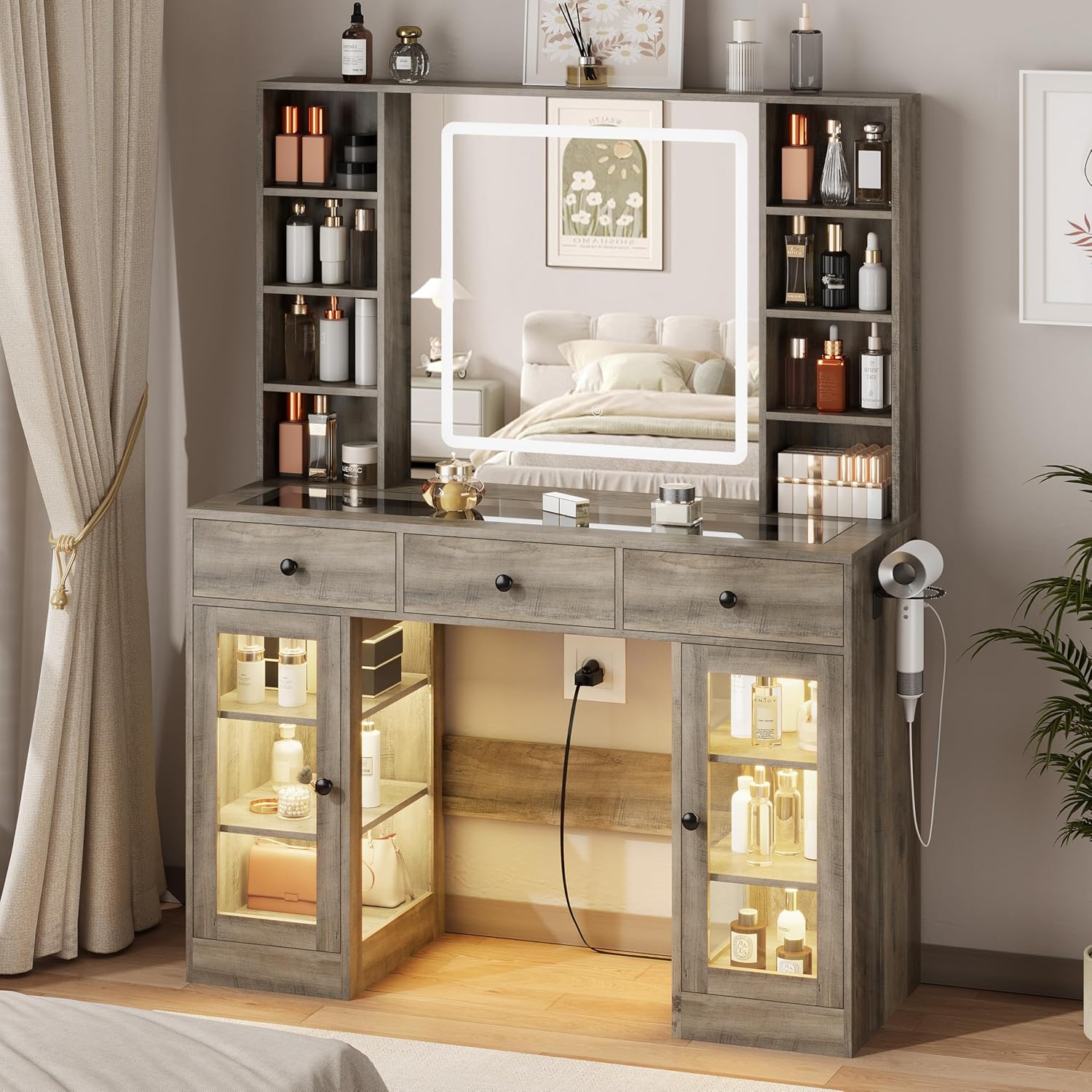 FANRAL Makeup Vanity Desk with Mirror and Lights,Glass Top Vanity Table with RGB Cabinets,Large Dressing Table for Women Bedroom