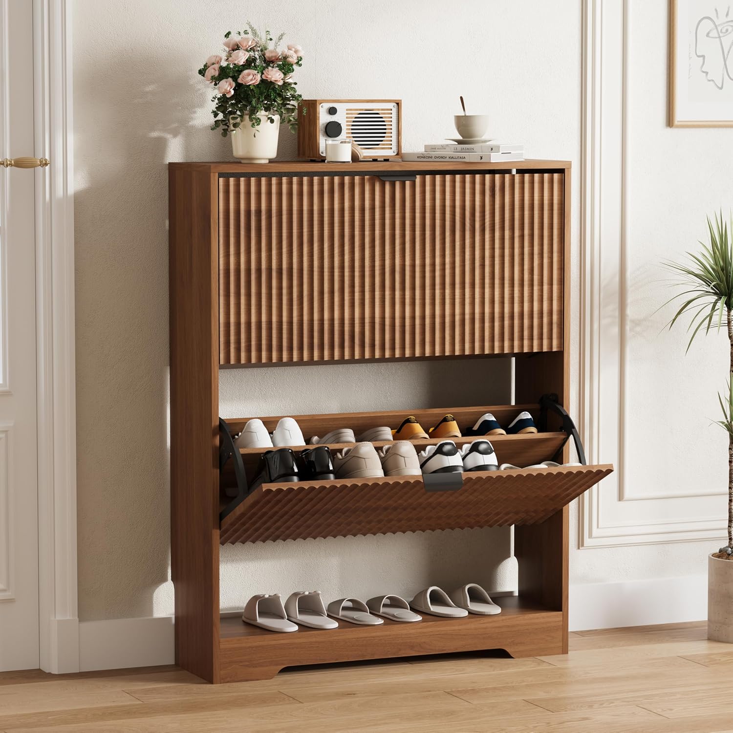 FANRAL Shoe Cabinet with 2 Flip Drawers & Open Storage,Fluted Shoe Storage Cabinet Rack Organizer with Adjustable Shelves for Entryway,Closet,Hallway,