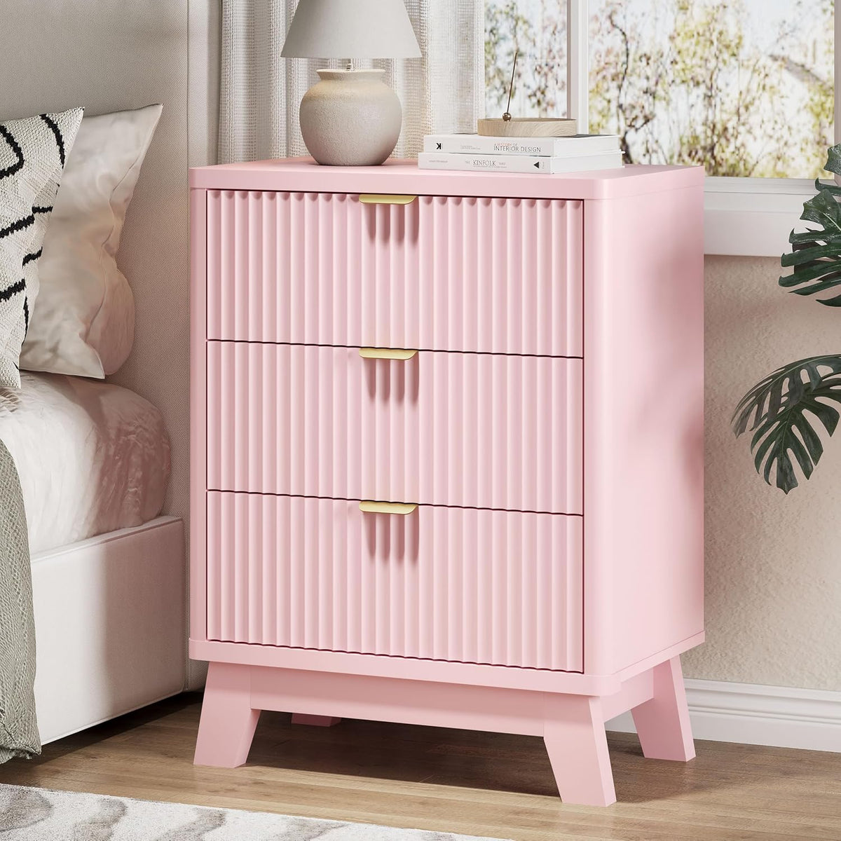 FANRAL 3 Large Drawer Nightstand,30" Tall Night Stand,24" Wide Side Table, Fluted Bedside Table Modern End Table Small Dresser for Bedroom, Nightstand