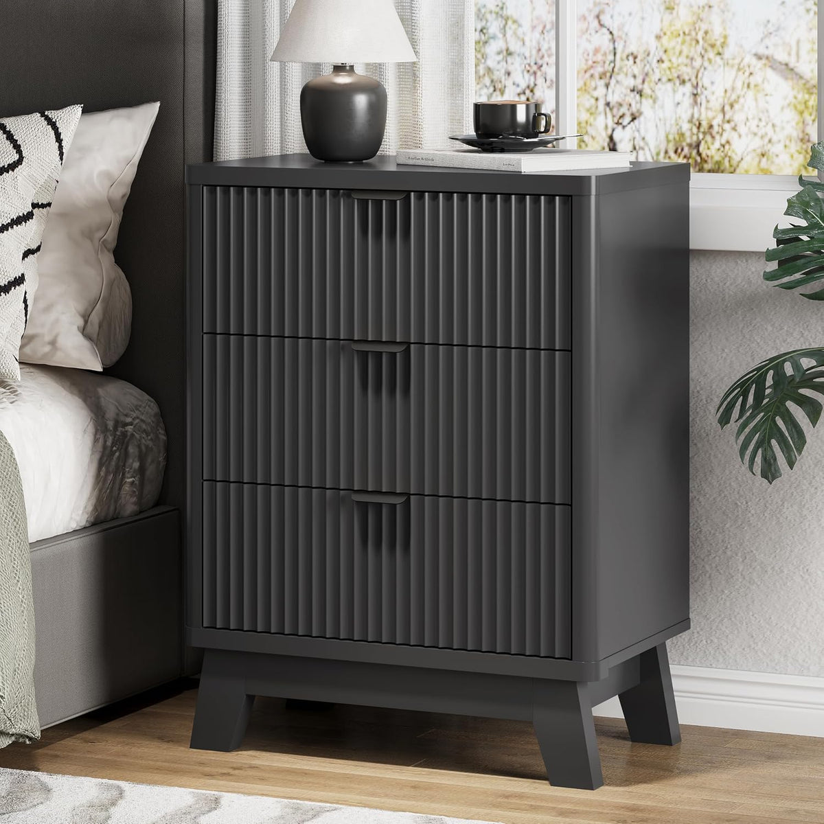 FANRAL 3 Large Drawer Nightstand,30" Tall Night Stand,24" Wide Side Table, Fluted Bedside Table Modern End Table Small Dresser for Bedroom, Nightstand