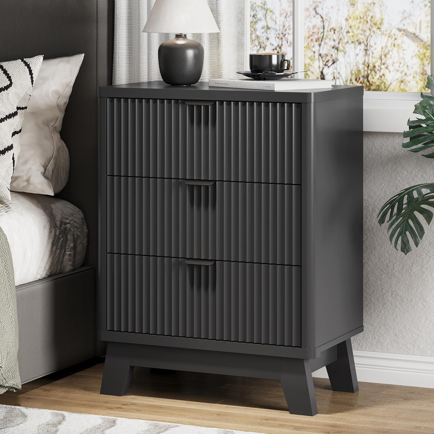FANRAL Set of 2 Fluted 3 Drawer Nightstands,Modern Bedside Tables with Anti-Tip Safety Design, End Tables for Bedroom Living Room, Night Stand